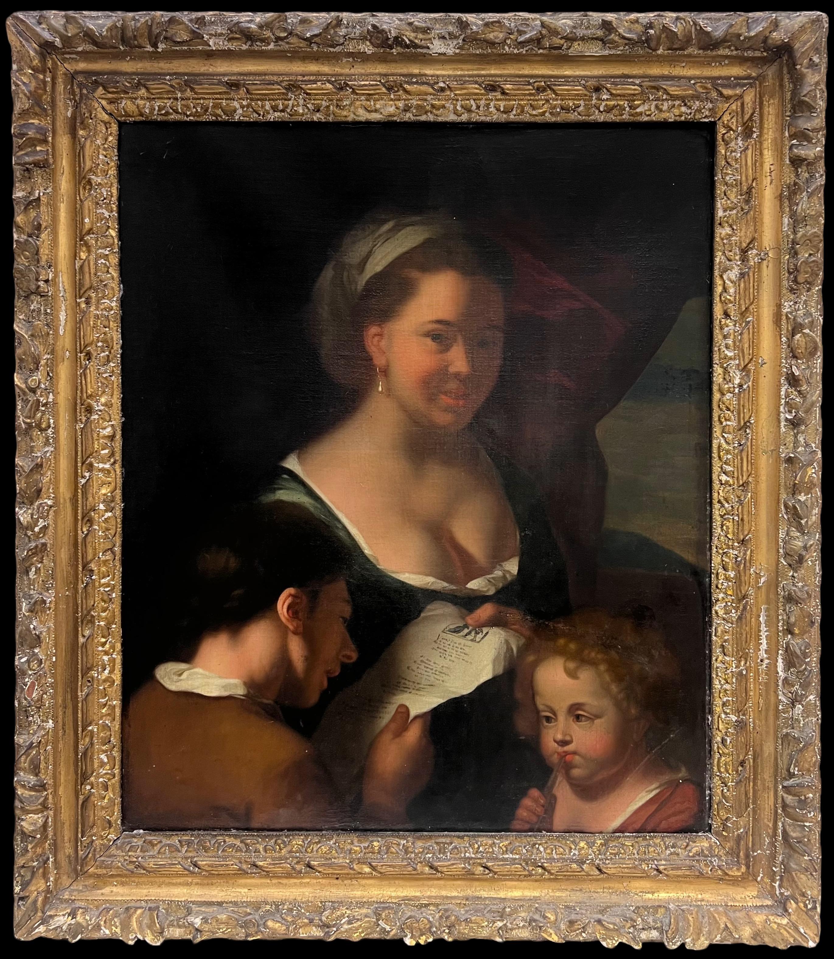 Fine 17th Century Dutch Old Master Oil Painting Mother & Young Children Reading For Sale 1