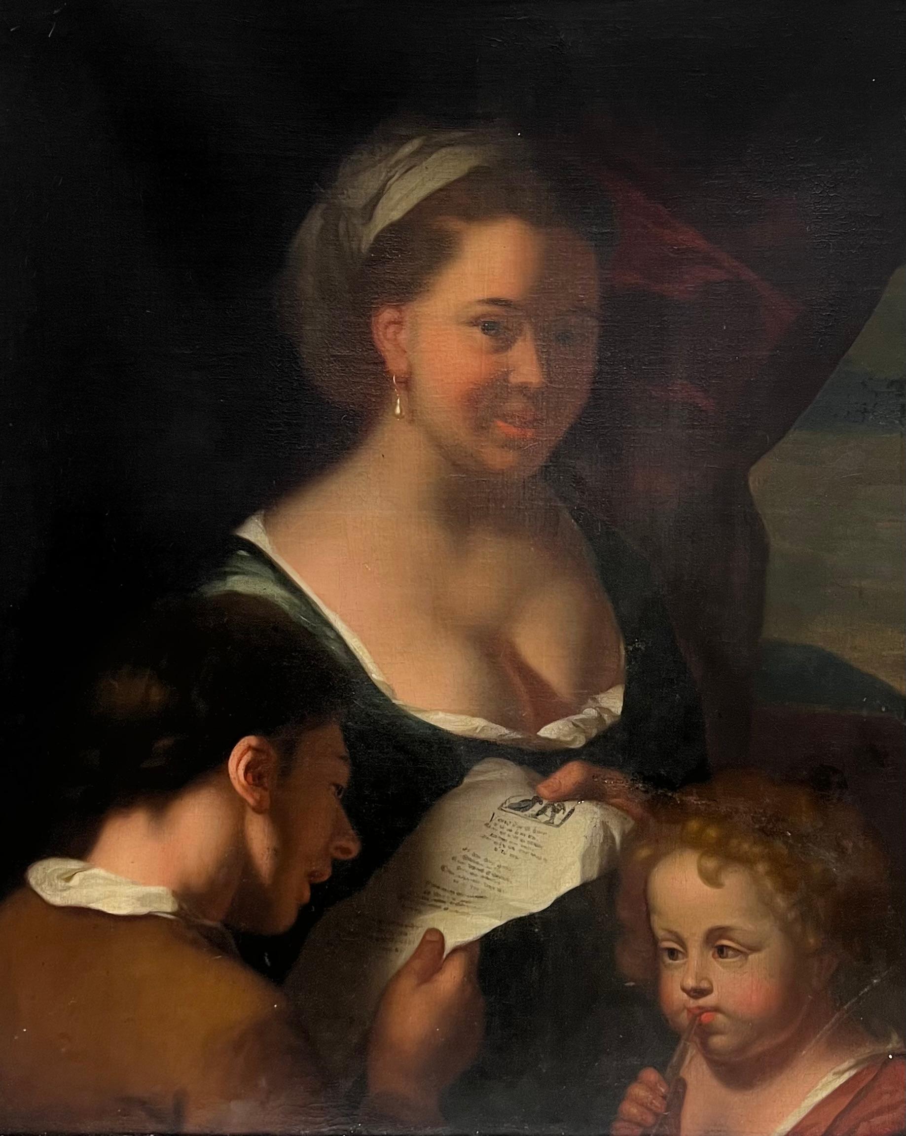 Fine 17th Century Dutch Old Master Oil Painting Mother & Young Children Reading For Sale 7