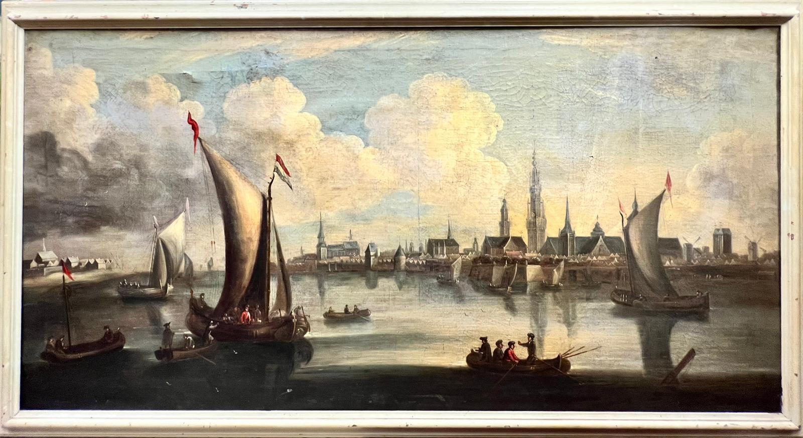 Huge 18th Century Dutch Old Master Oil Painting Busy Trading City Port & Ships 1