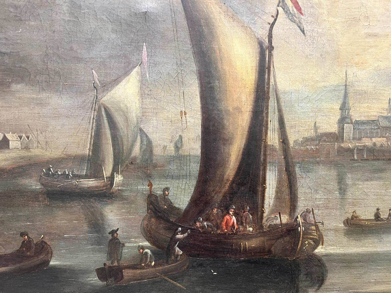Huge 18th Century Dutch Old Master Oil Painting Busy Trading City Port & Ships 4