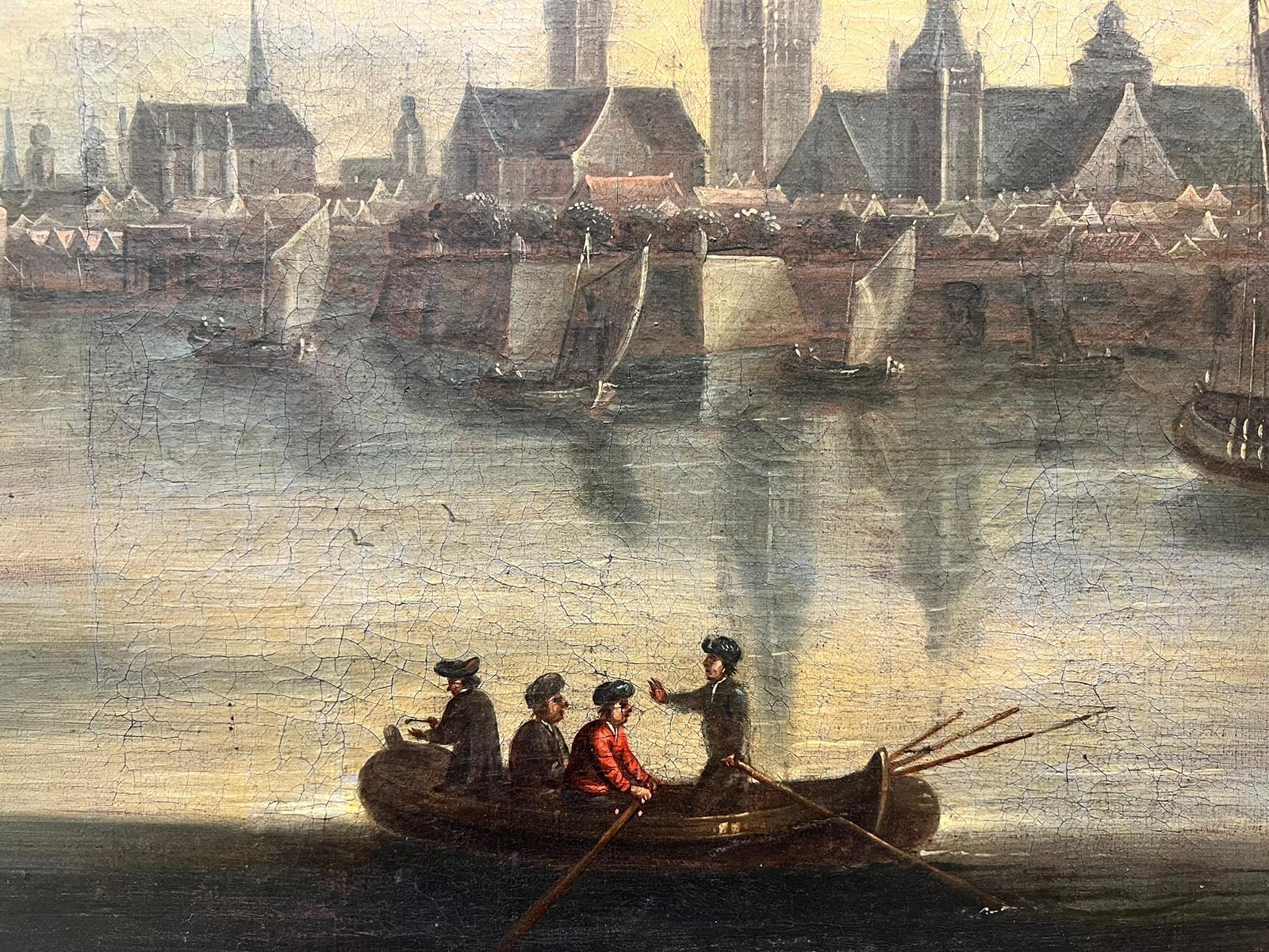 Huge 18th Century Dutch Old Master Oil Painting Busy Trading City Port & Ships 5