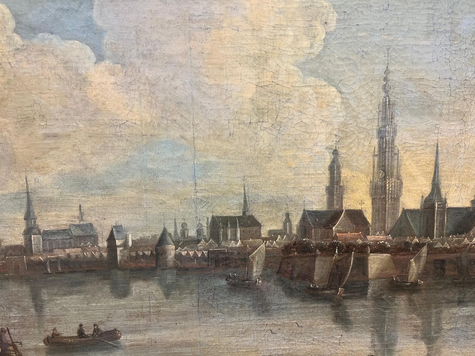 Huge 18th Century Dutch Old Master Oil Painting Busy Trading City Port & Ships 6