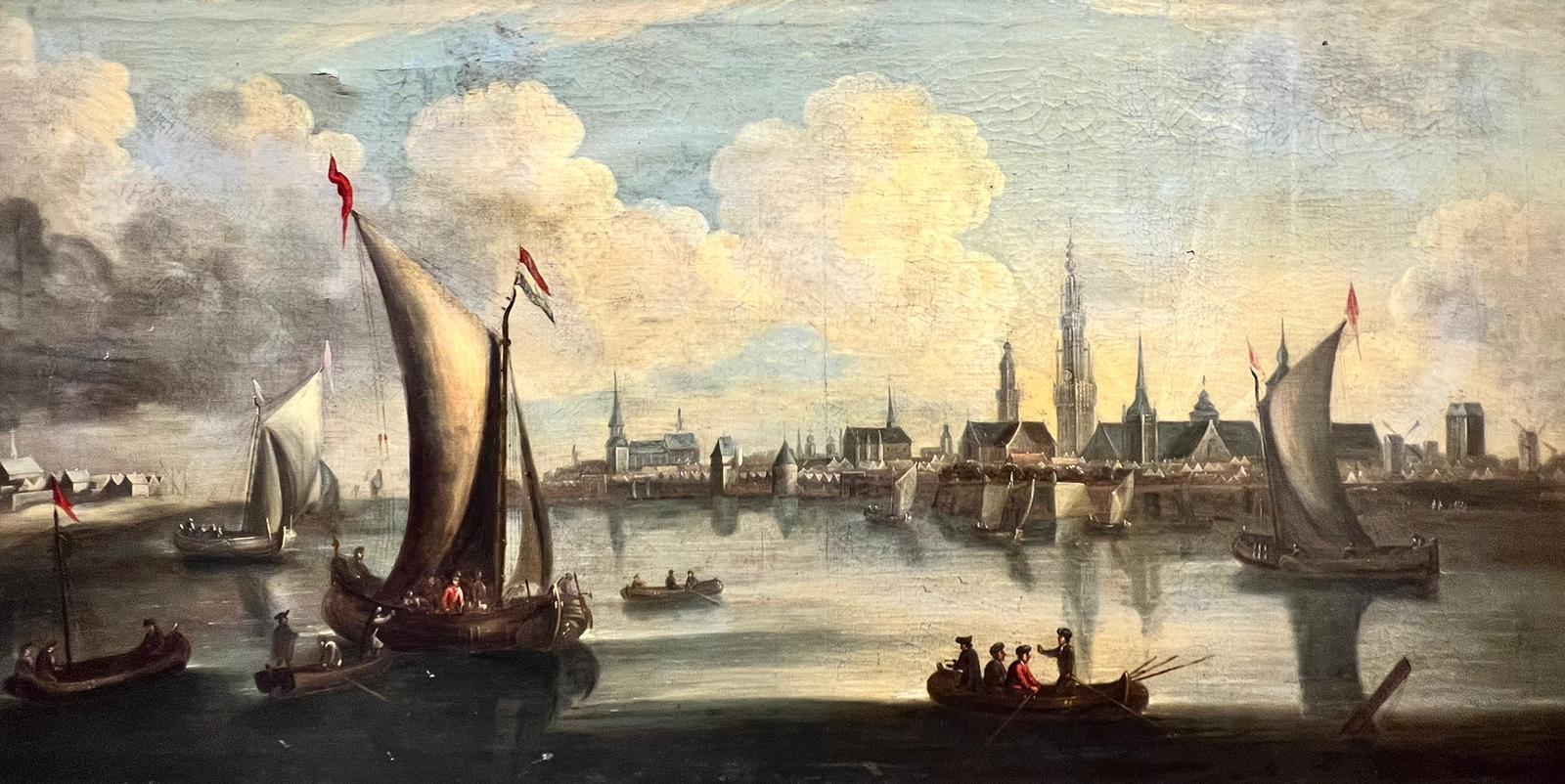The Trading Port
Dutch School, early 18th century
oil painting on canvas, framed
framed: 27.5 x 50.5 inches
canvas: 24.5 x 47 inches
provenance: private collection, UK
condition: the painting is sound but does have some dents, minor punctures and