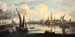 Huge 18th Century Dutch Old Master Oil Painting Busy Trading City Port & Ships