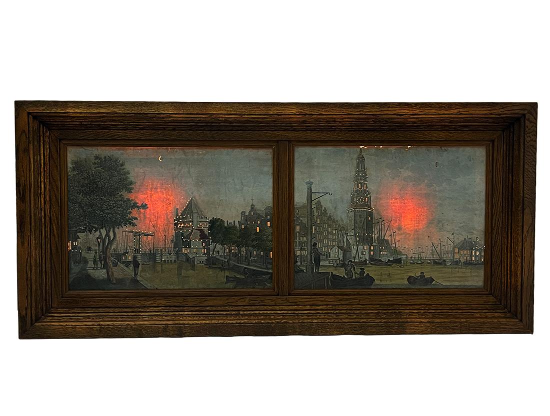 Dutch optical print with illumination, Amsterdam 18th century

Illumination optics prints etching, hand-coloured by Jan de Beijer (1703-1780). The representations of the prints are in mirror image. The Schreierstoren (left) on Geldersekade at