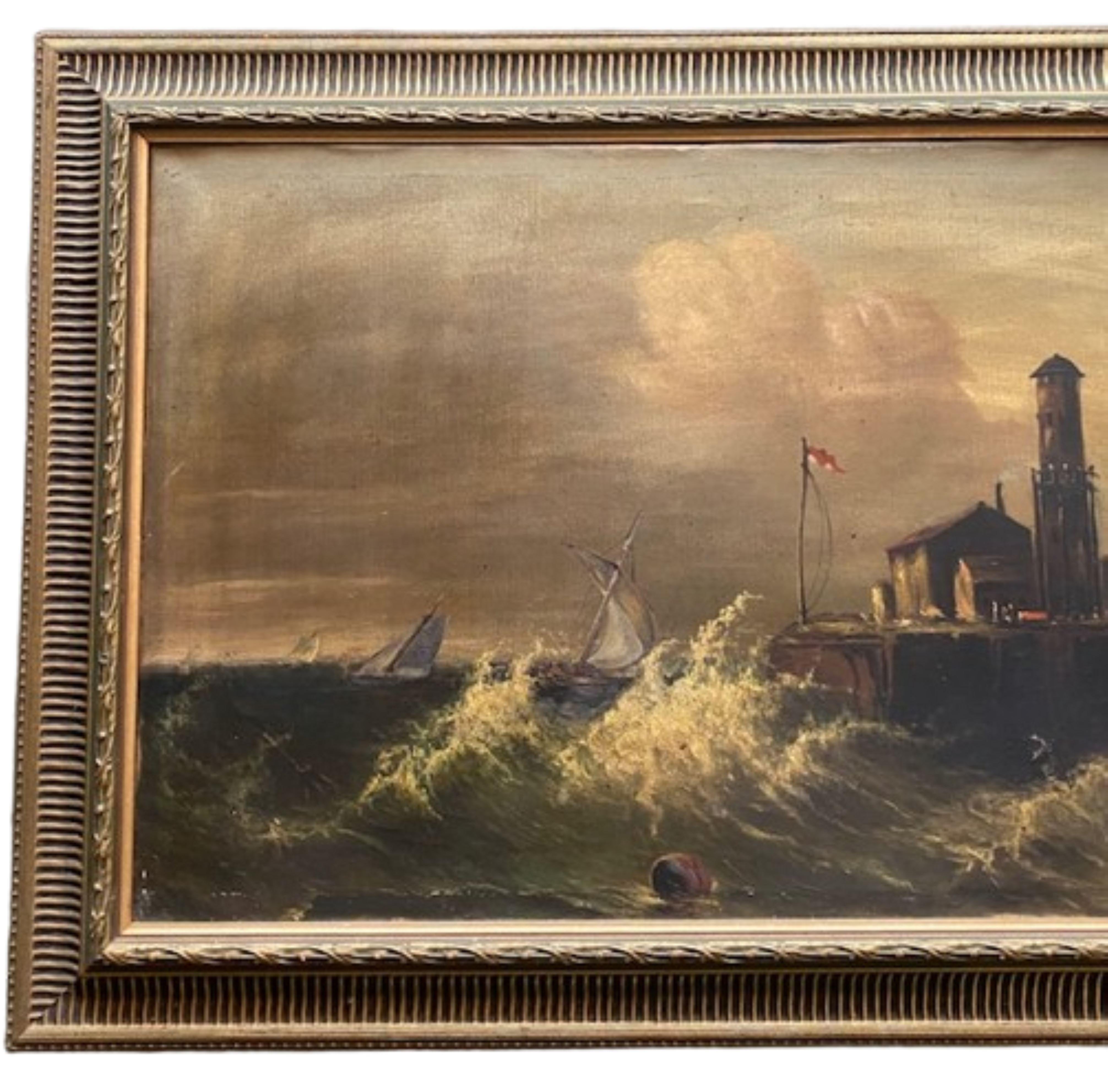 Marine hollandaise ou anglaise ancienne avec brise-lames, par A.I.C. Schabergen, 1928. Un paysage marin classique de la mer du Nord, à l'huile sur toile, avec des sloops et des lougres dans une mer agitée, luttant pour atteindre un brise-lames de