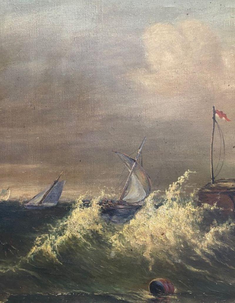 Néerlandais Paysage maritime hollandais ou anglais avec brise-lames, par C.I.C. Schabergen, 1928. en vente