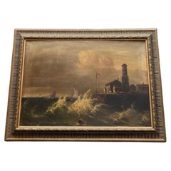 Antique Dutch or English Stormy Seascape with Breakwater, by C.S. Schabergen, 1928.