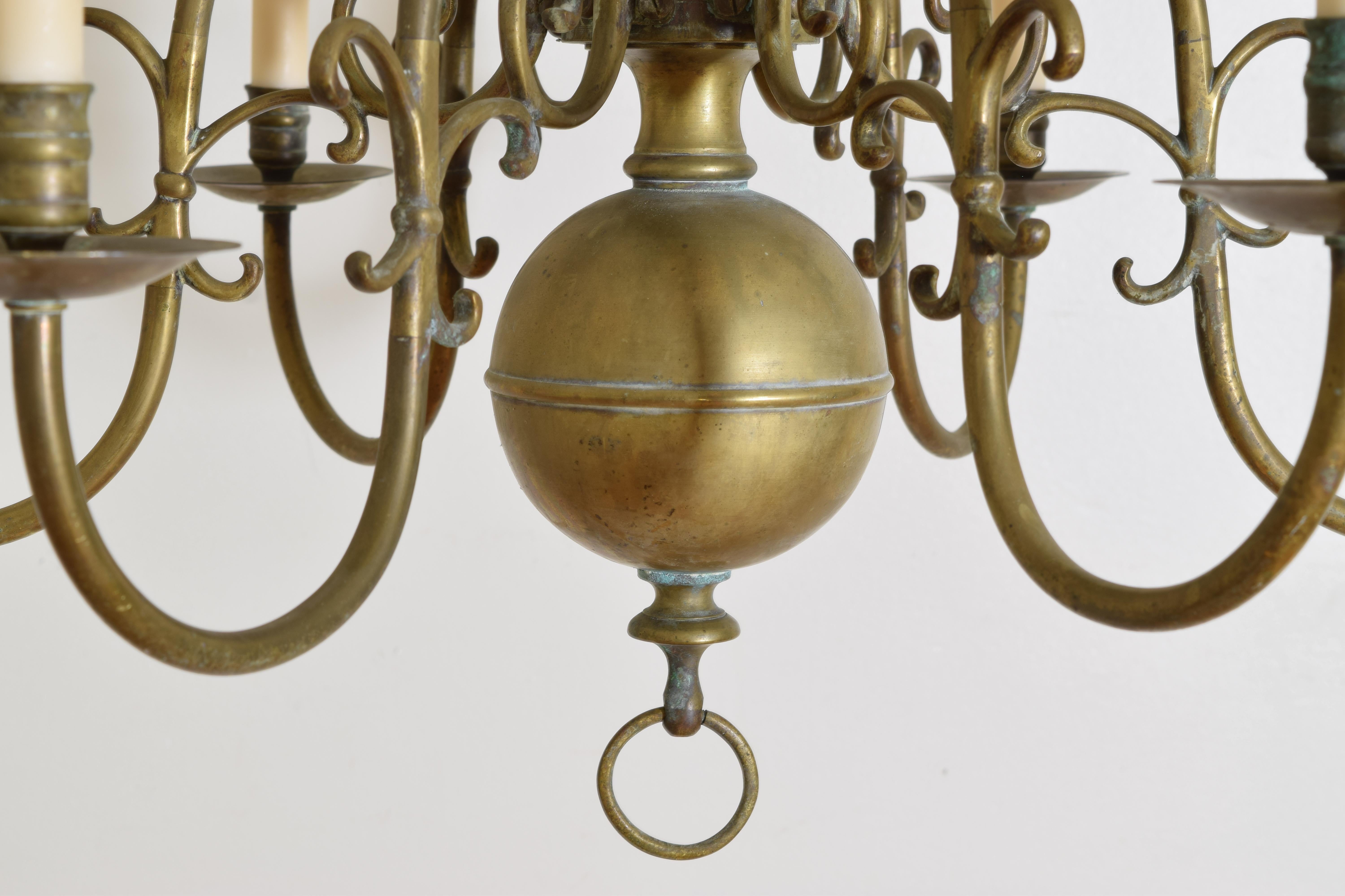 Dutch or French Patinated Brass 2-Tier 12-Light Chandelier, 2nd half 19th cen. 4