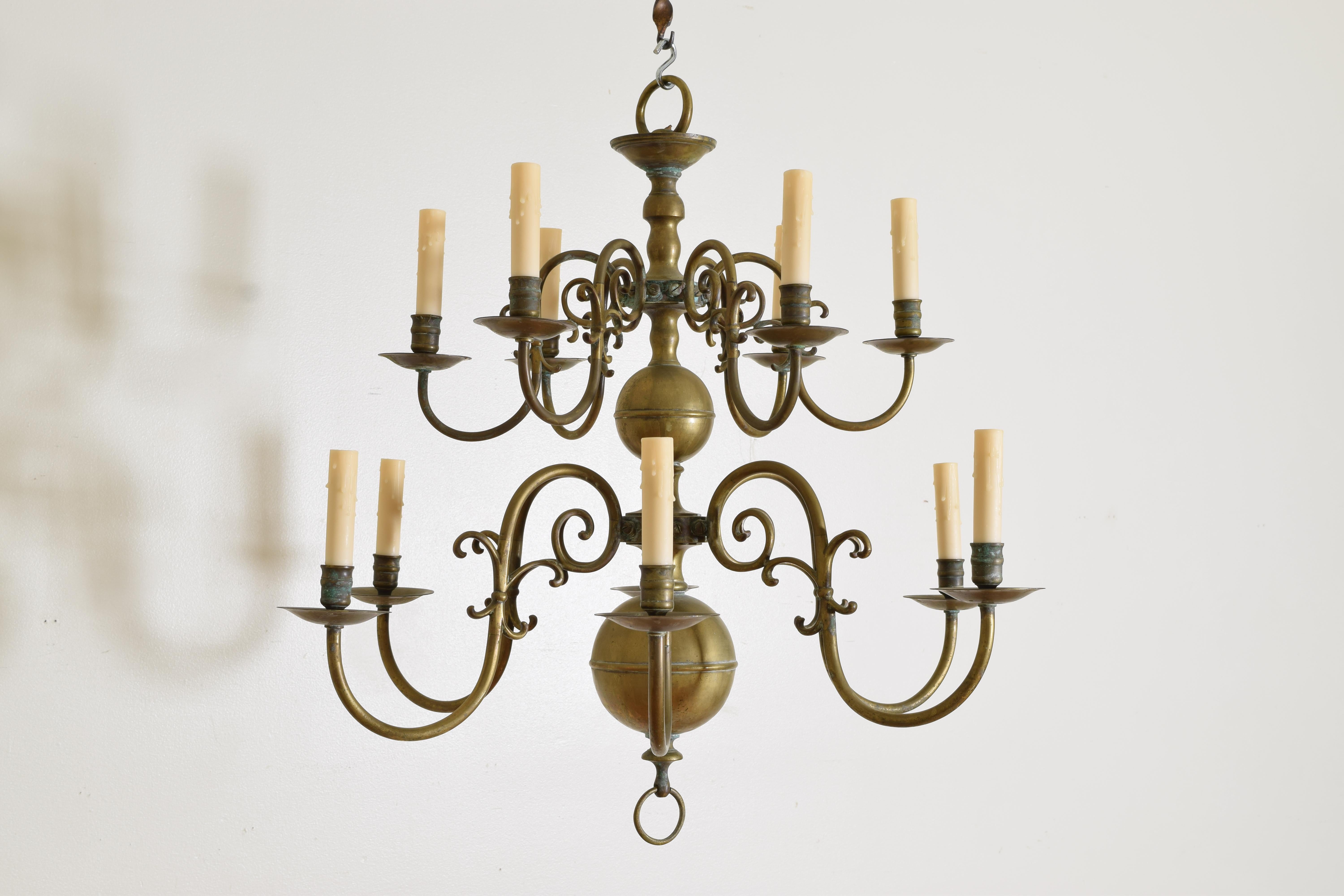 Baroque Dutch or French Patinated Brass 2-Tier 12-Light Chandelier, 2nd half 19th cen. For Sale