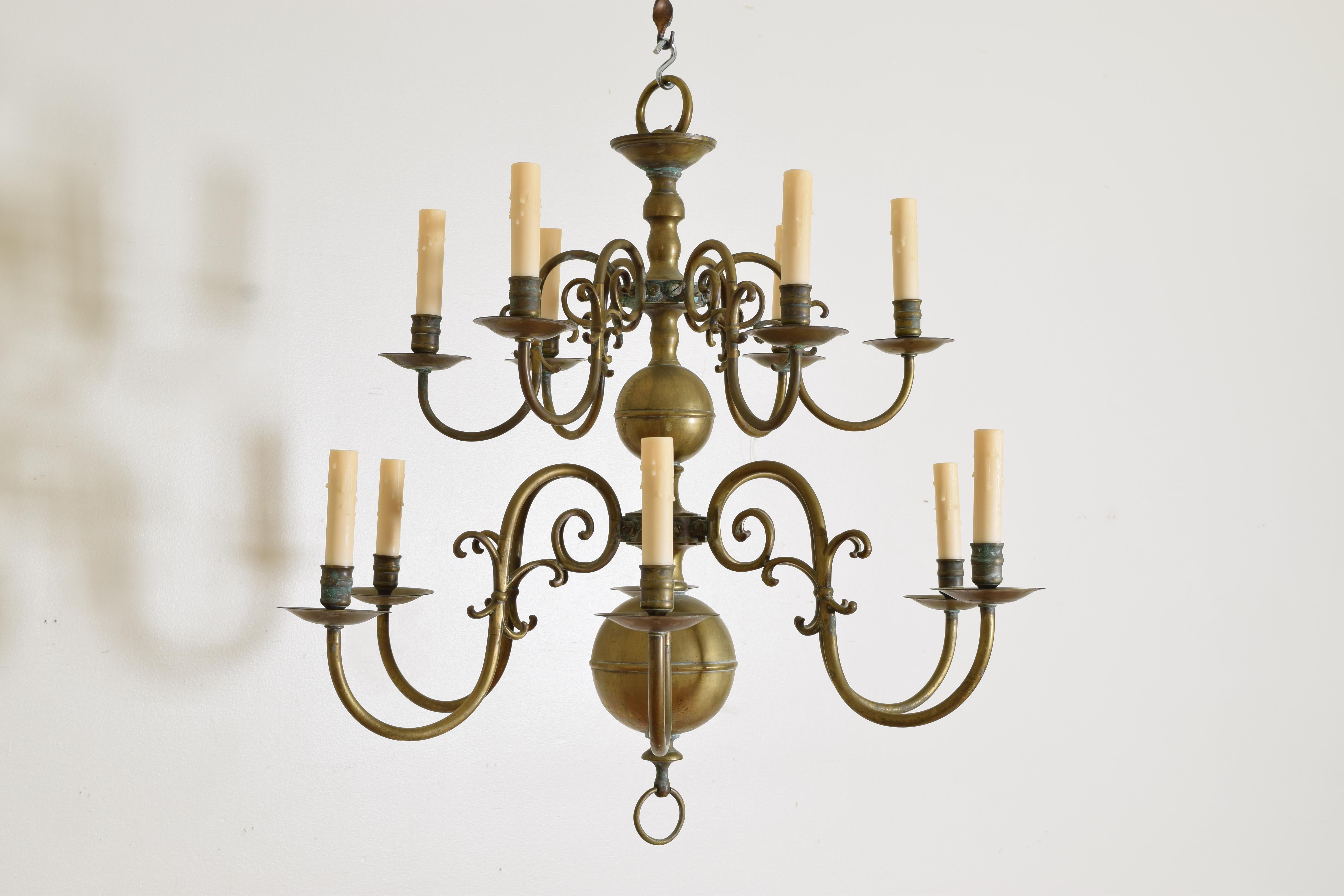 Baroque Dutch or French Patinated Brass 2-Tier 12-Light Chandelier, 2nd half 19th cen.