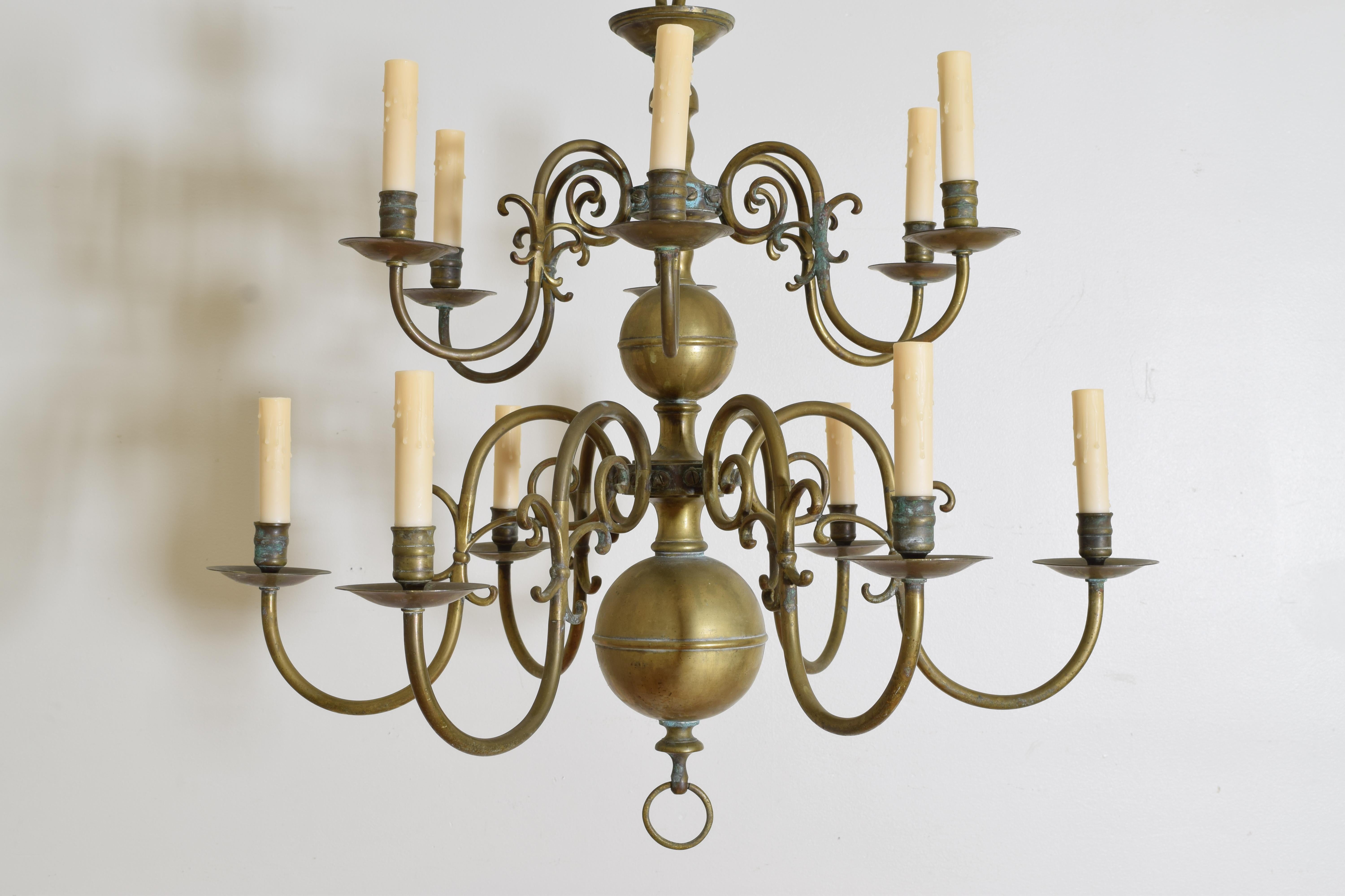 European Dutch or French Patinated Brass 2-Tier 12-Light Chandelier, 2nd half 19th cen. For Sale