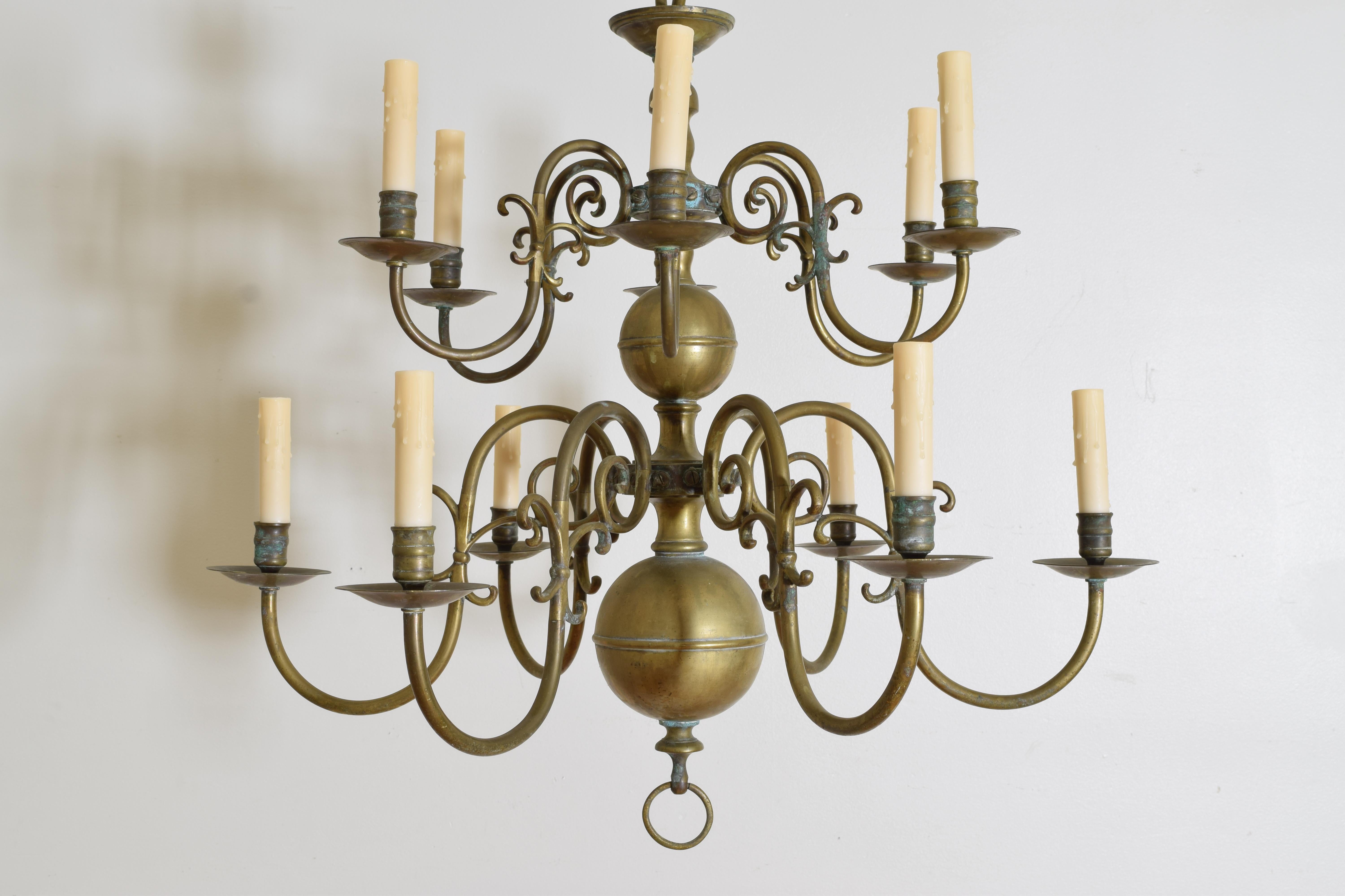 European Dutch or French Patinated Brass 2-Tier 12-Light Chandelier, 2nd half 19th cen.