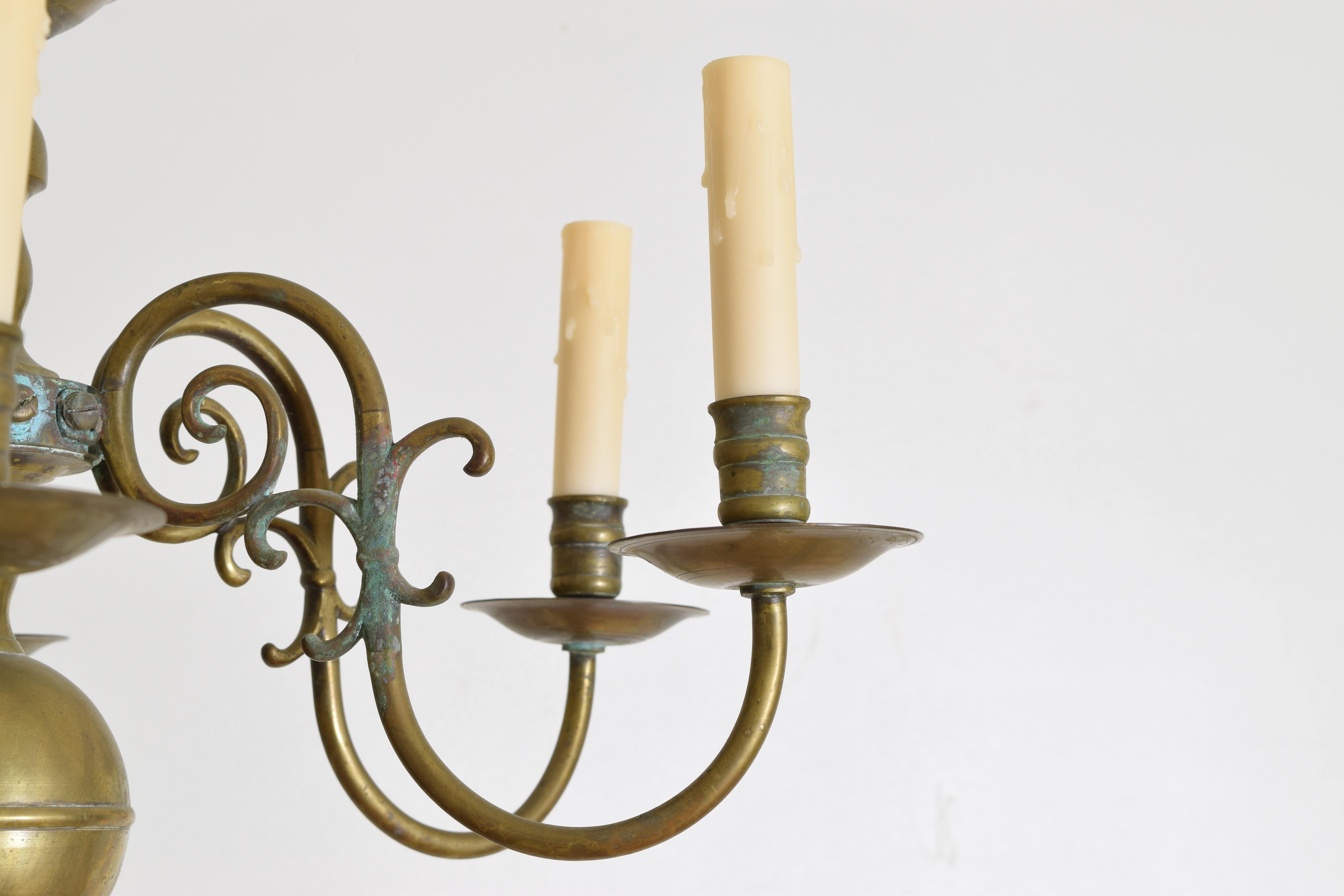 Late 19th Century Dutch or French Patinated Brass 2-Tier 12-Light Chandelier, 2nd half 19th cen.