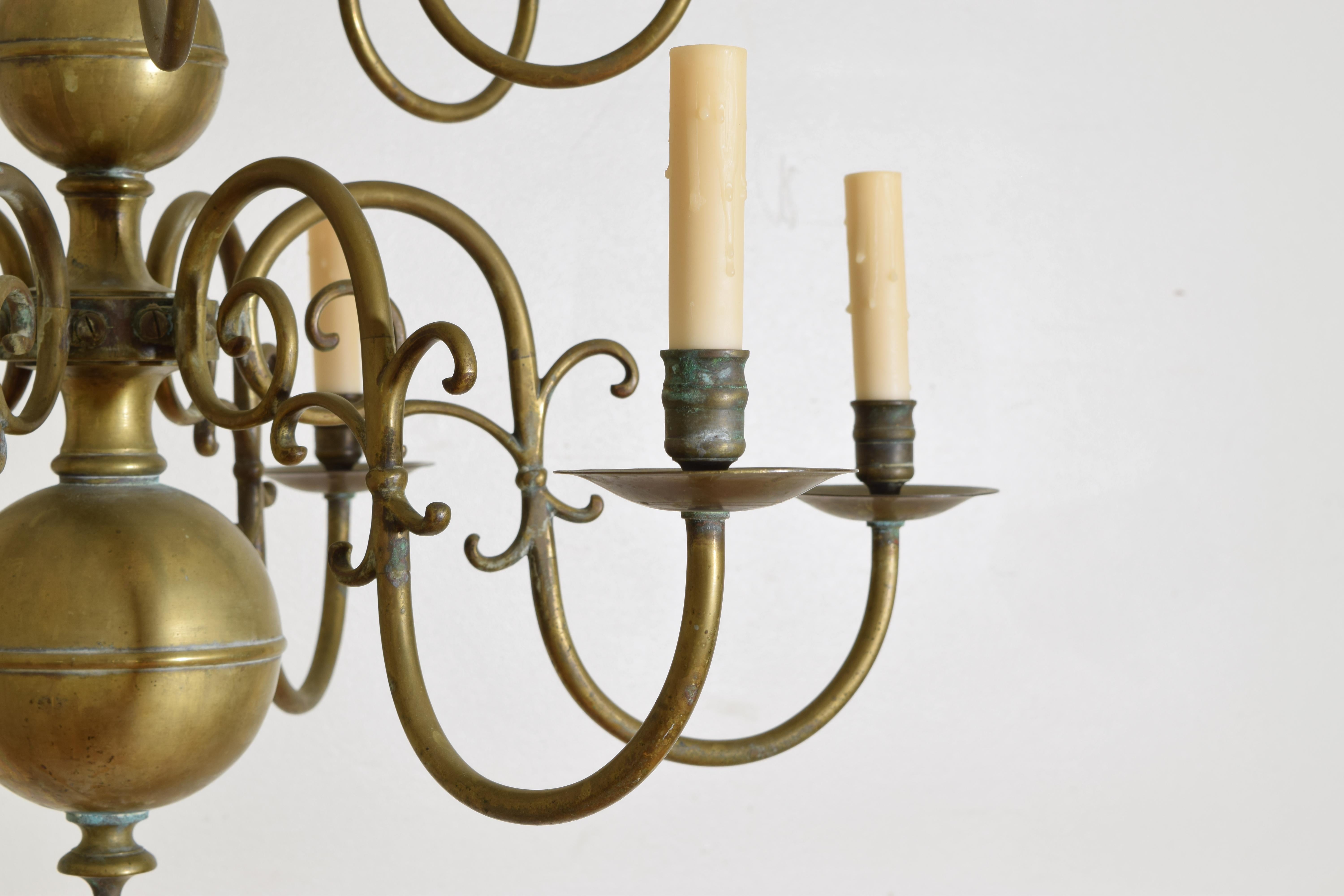 Dutch or French Patinated Brass 2-Tier 12-Light Chandelier, 2nd half 19th cen. 1