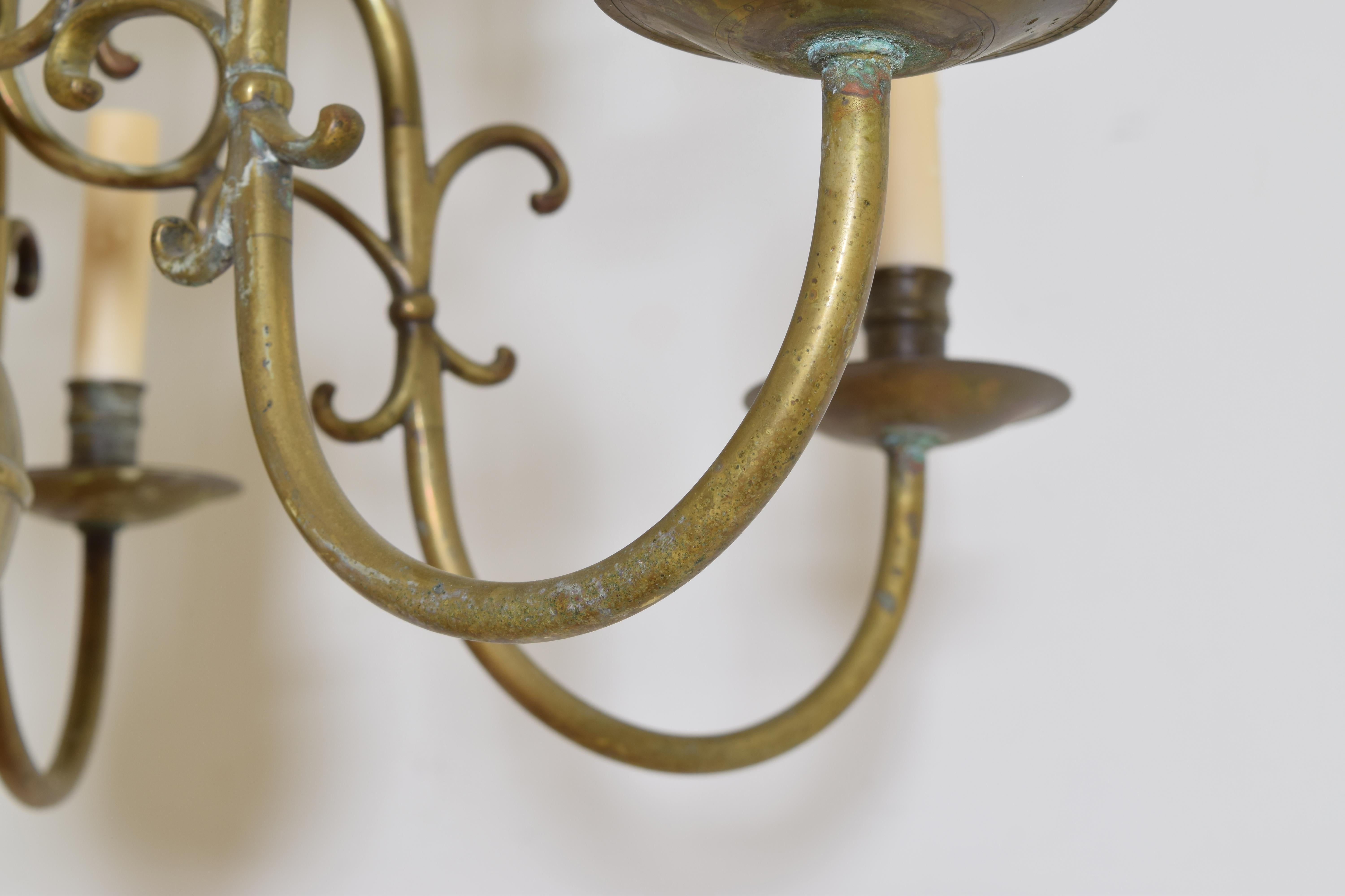 Dutch or French Patinated Brass 2-Tier 12-Light Chandelier, 2nd half 19th cen. 2