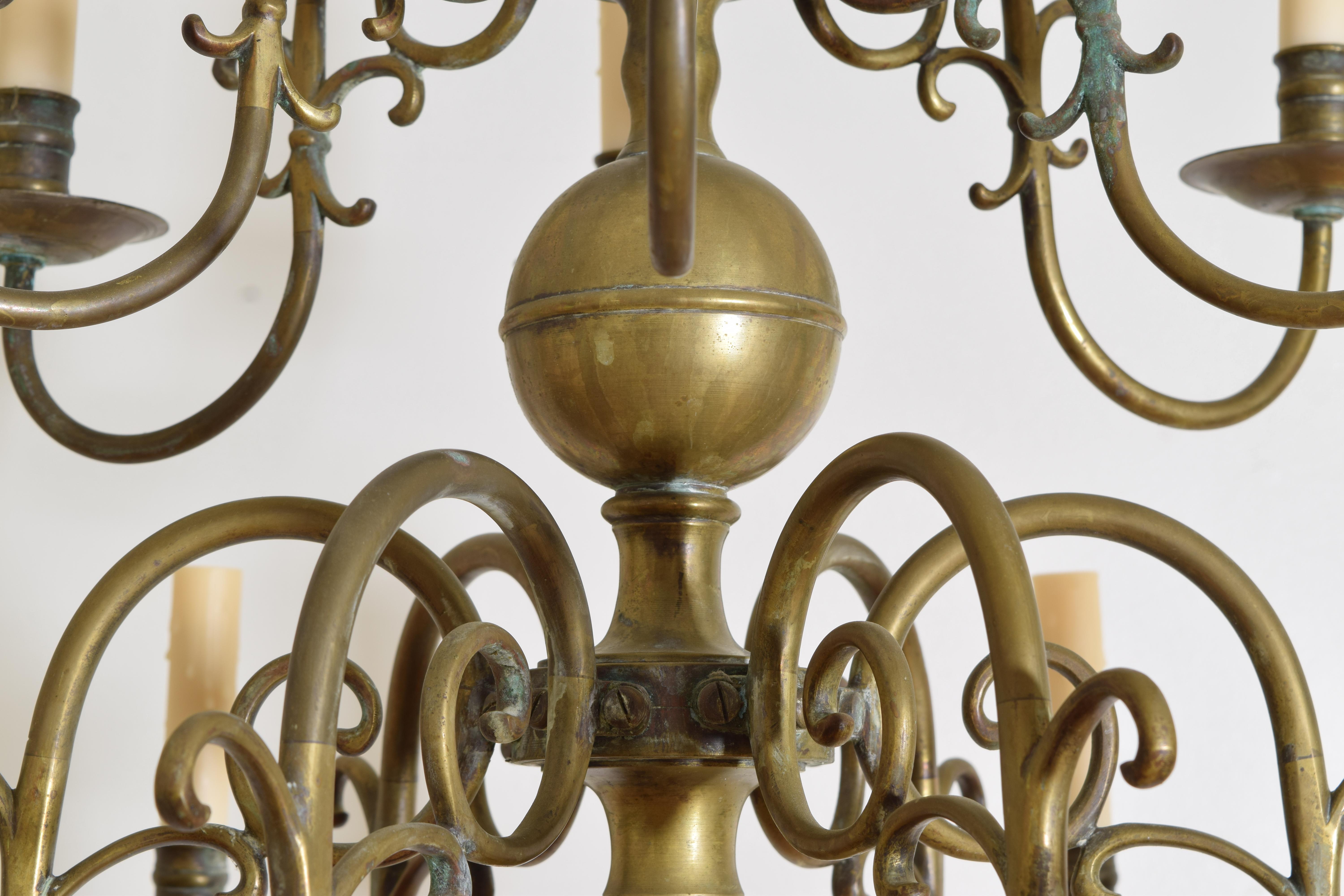 Dutch or French Patinated Brass 2-Tier 12-Light Chandelier, 2nd half 19th cen. For Sale 3