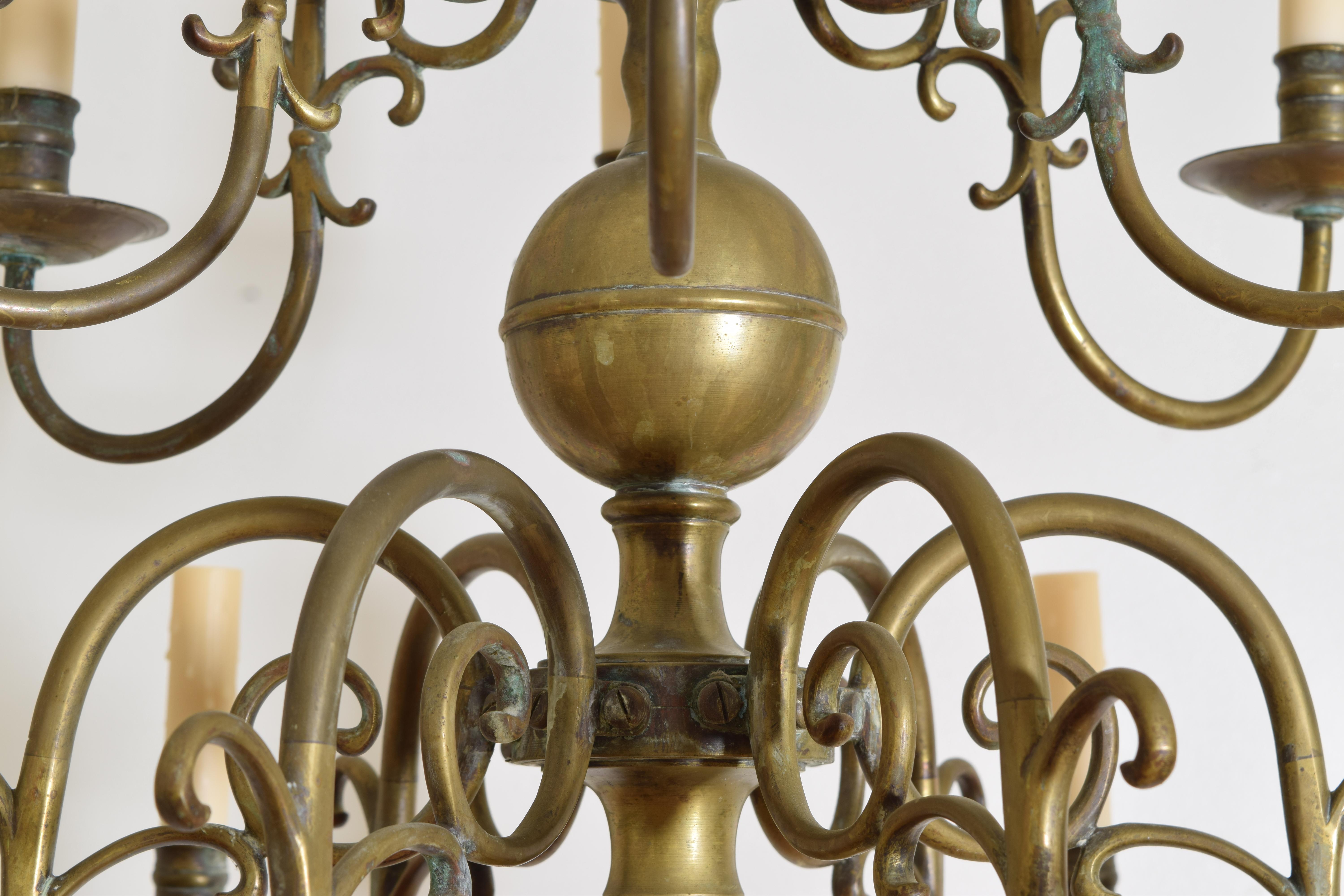 Dutch or French Patinated Brass 2-Tier 12-Light Chandelier, 2nd half 19th cen. 3