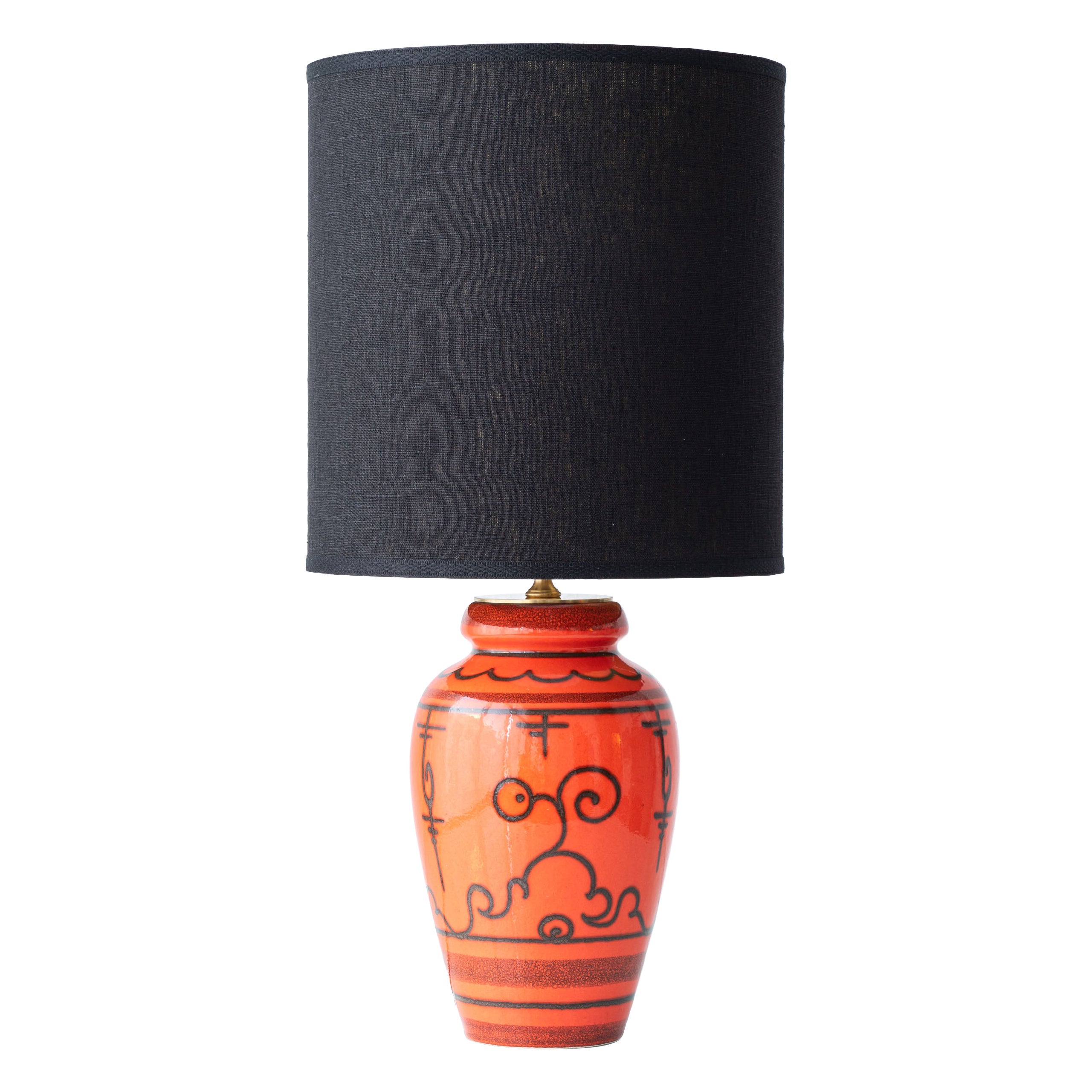 Lampe de table hollandaise en céramique orange gouda "Tokio", années 1970, nouvel abat-jour en lin noir