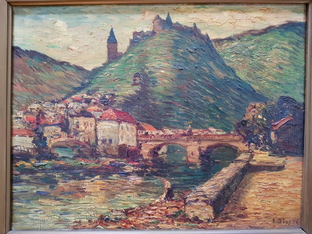 Oil on canvas signed lower right by the Dutch painter Antonius Bernardus Dirckx (1878-1927) representing the city of Vianden in Luxemburg, circa 1900 Framed in a beautiful gilded frame and on the back of the spiral old lot numbers of an