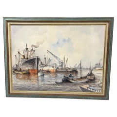 Vintage Dutch Painter Wim (Willem) Bos (1906-1974) Rotterdam harbour