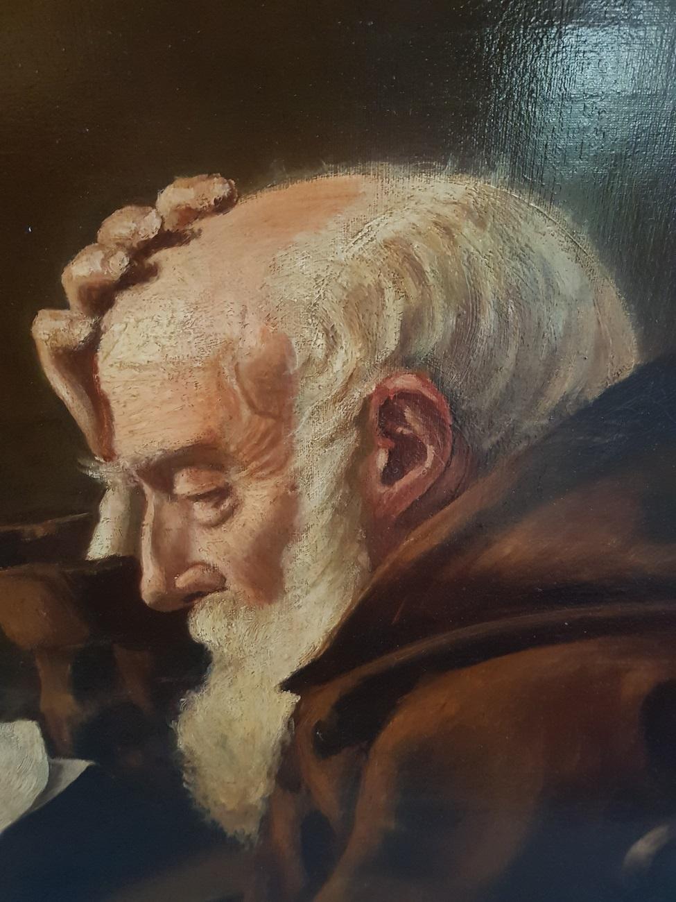 Oil on canvas painting by Ad. Hartwijk F. 1887-1966 with a familiar scene of the Hermit who is reading with a human skull next to him with an oak frame, first half of the 20th century.

The measurements are includes frame,
Depth 5 cm/ 1.9