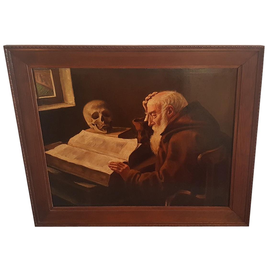 Dutch Painting "A Old man reading with a Skull beside him" For Sale