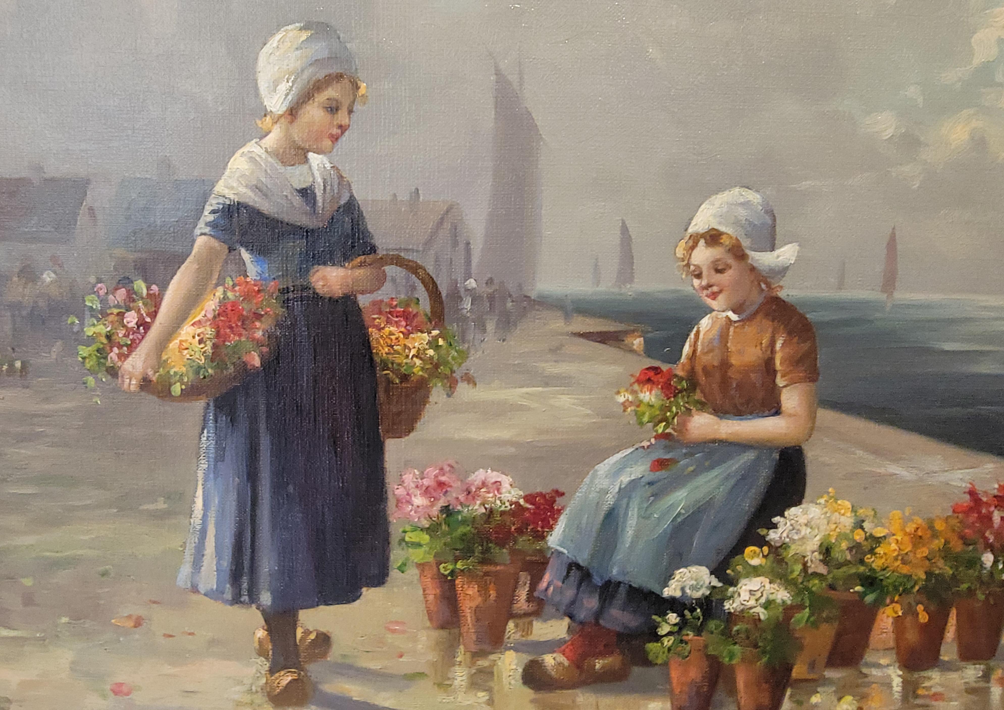 Peinture à l'huile sur toile hollandaise du début du 20e siècle. Enfants vendant des fleurs coupées sur une plage. Peinture fine avec une luminescence exceptionnelle. Toile sur bois original  étirements. Non encadré. Mesure approximativement 21