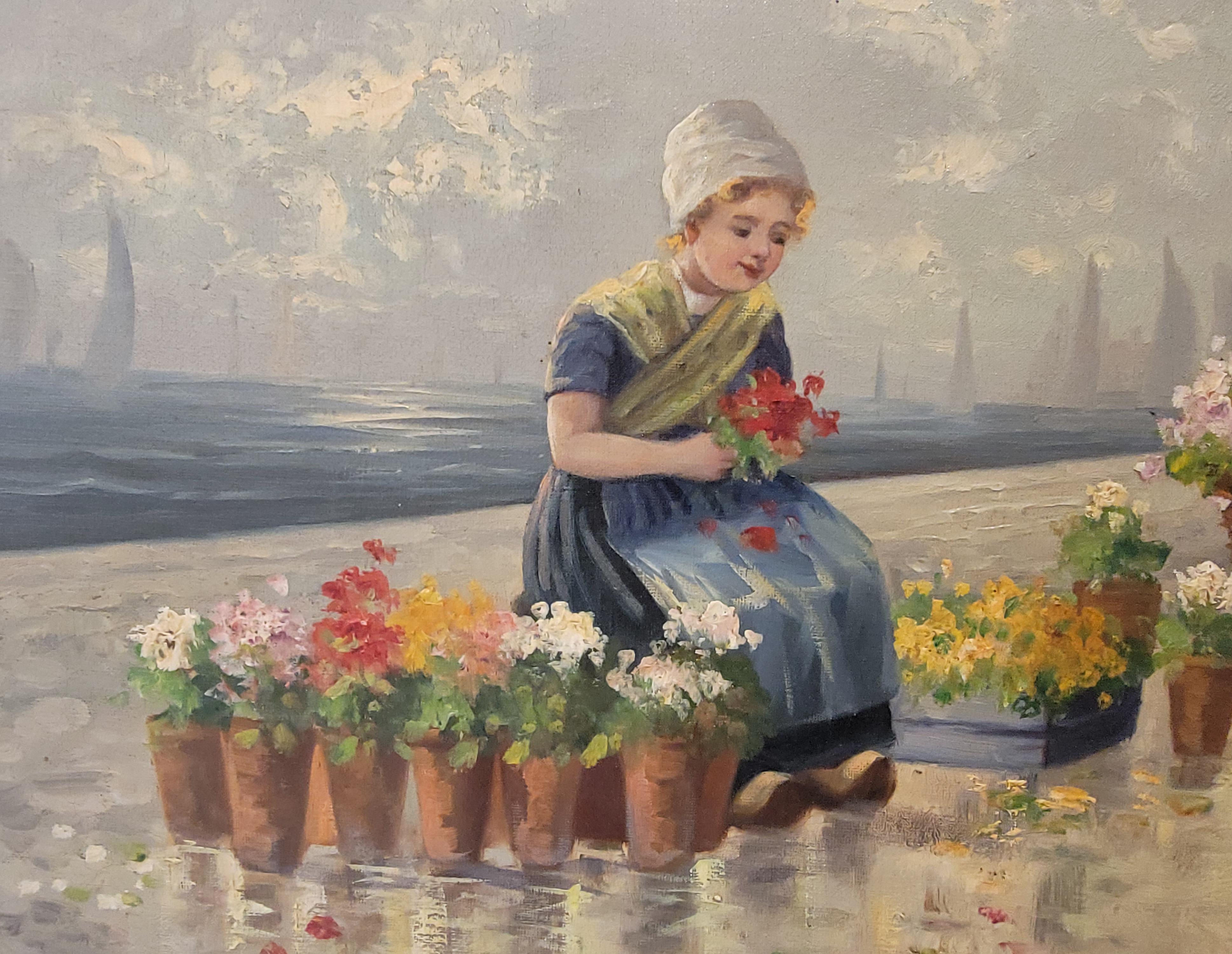 Early 20th century Dutch oil painting on canvas. Children vending cut flowers on a beach. Fine painting with exceptional luminescence. Canvas on original wood  stretches. Unframed. Measures approximately 21
