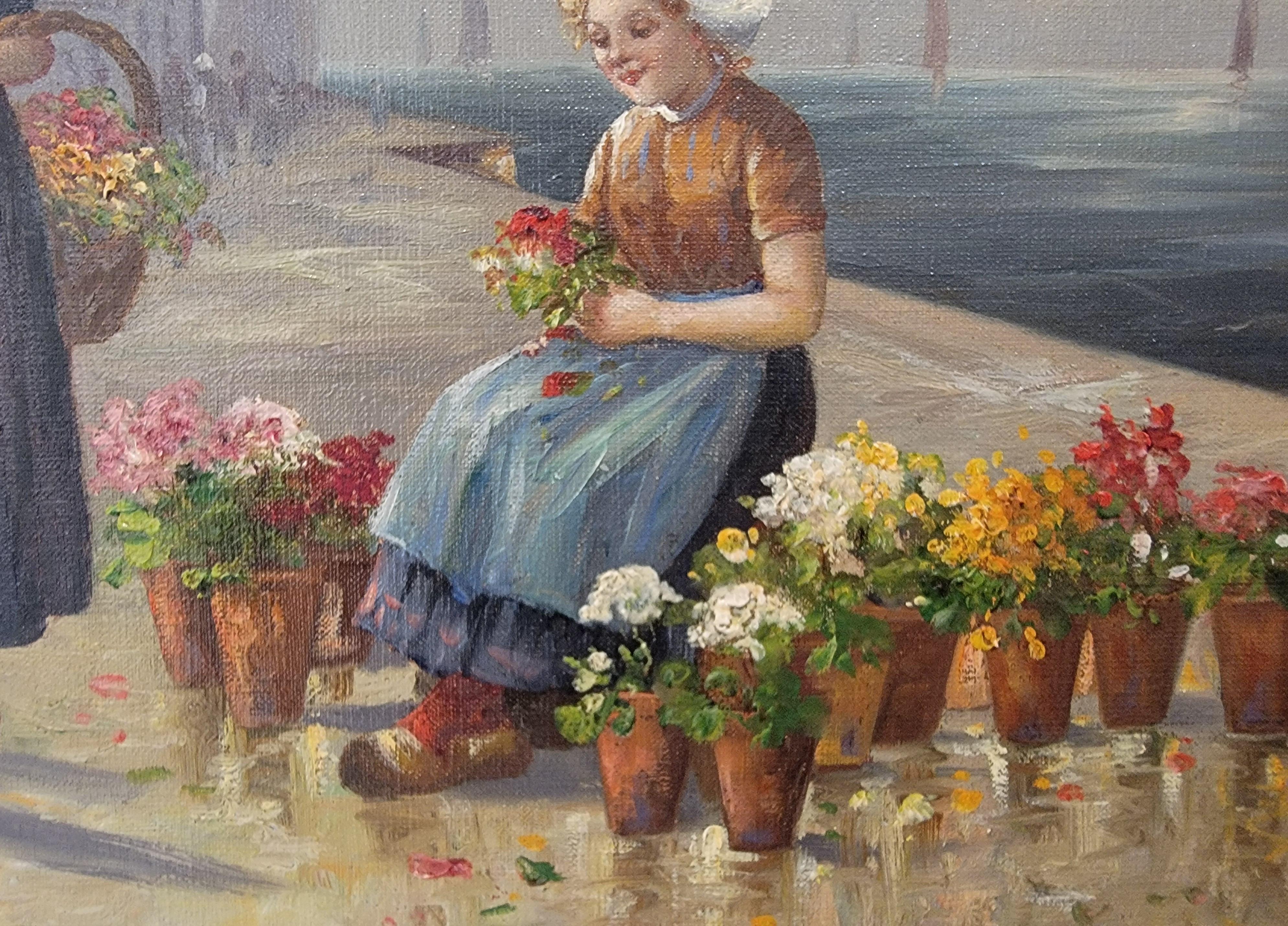 Dutch Painting Children with Flowers Circa. 1900 In Good Condition For Sale In Fulton, CA