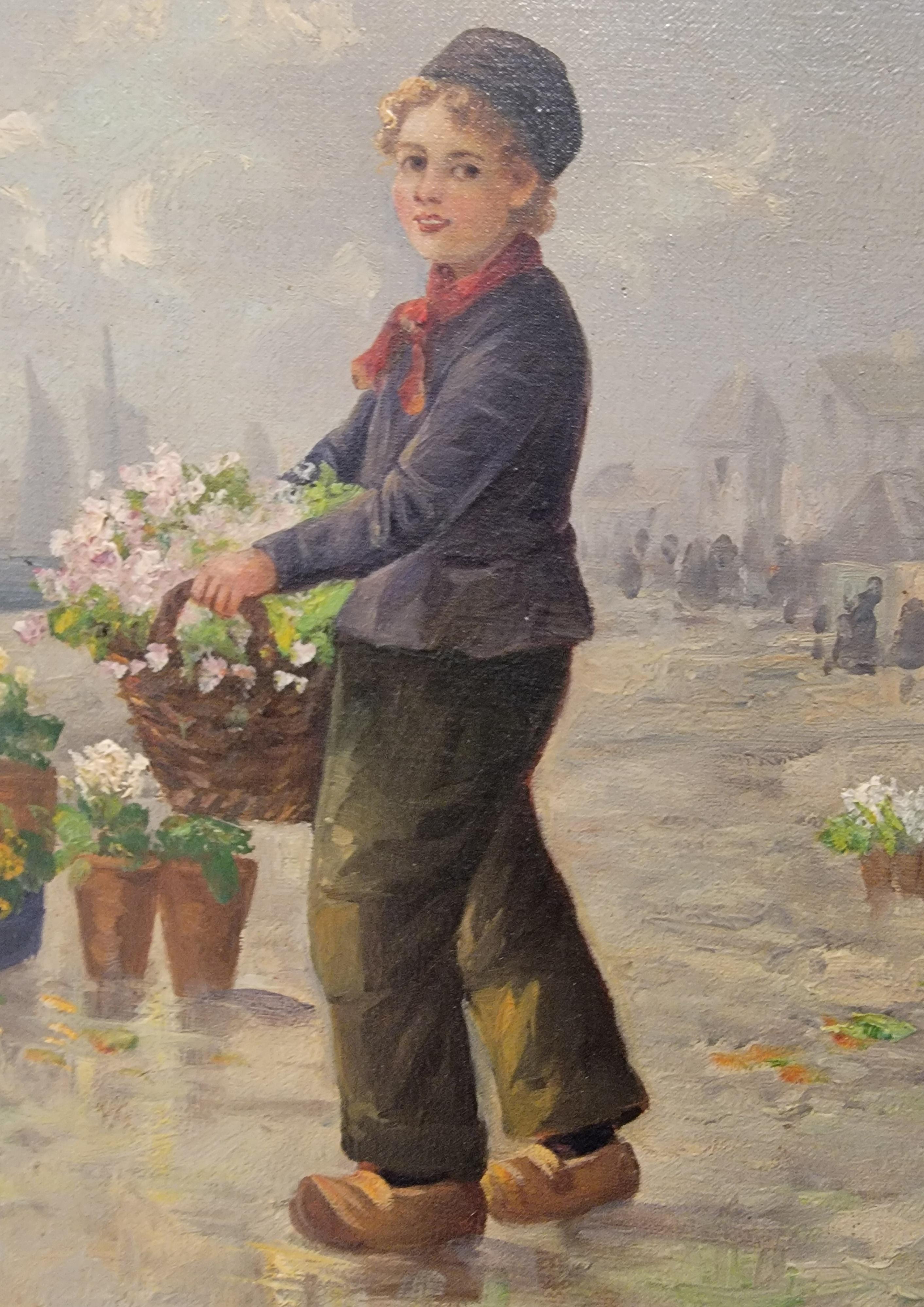 Néerlandais Peinture hollandaise Child & Child Child avec des fleurs Circa. 1900 en vente