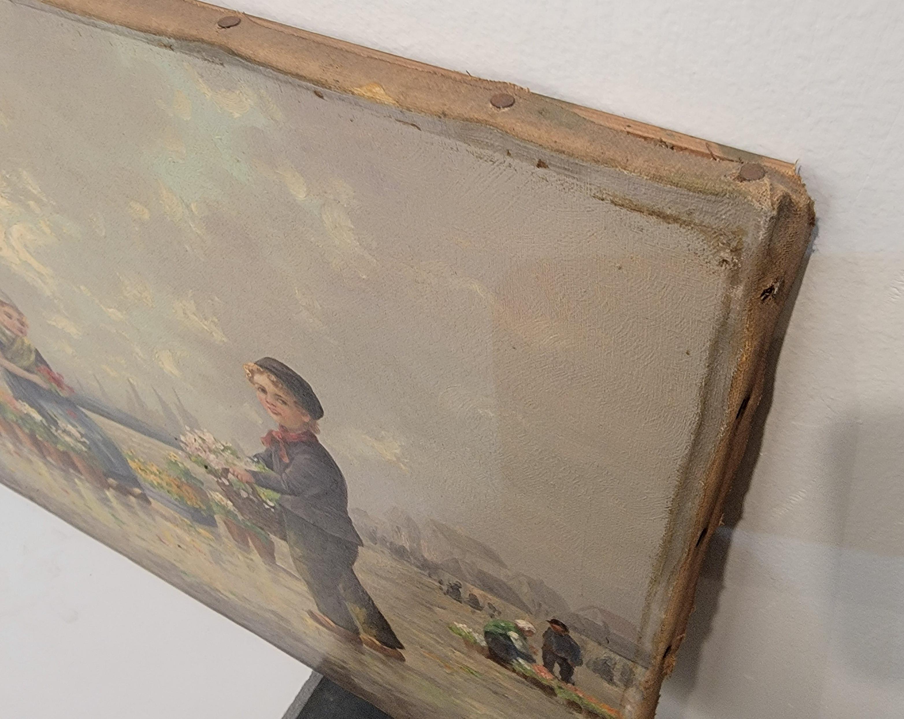 Canvas Dutch Painting Children with Flowers Circa. 1900 For Sale