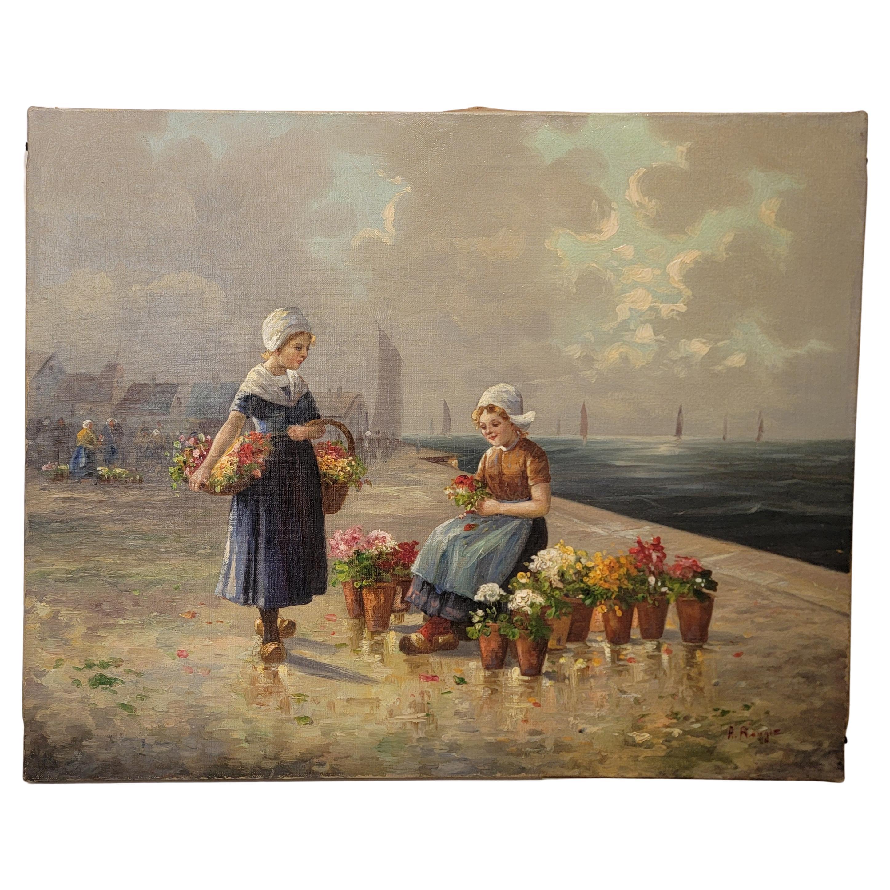 Peinture hollandaise Child & Child Child avec des fleurs Circa. 1900