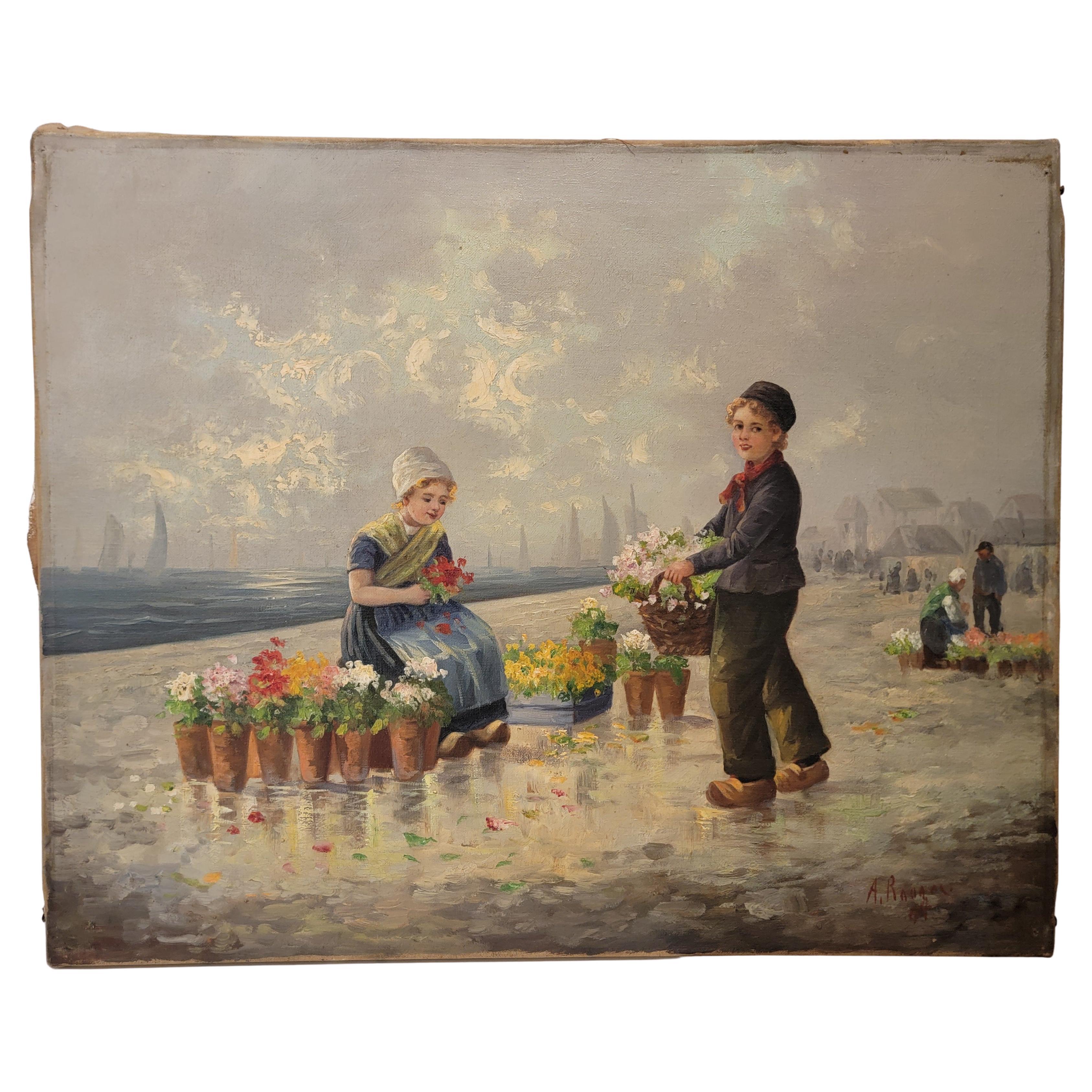 Peinture hollandaise Child & Child Child avec des fleurs Circa. 1900 en vente