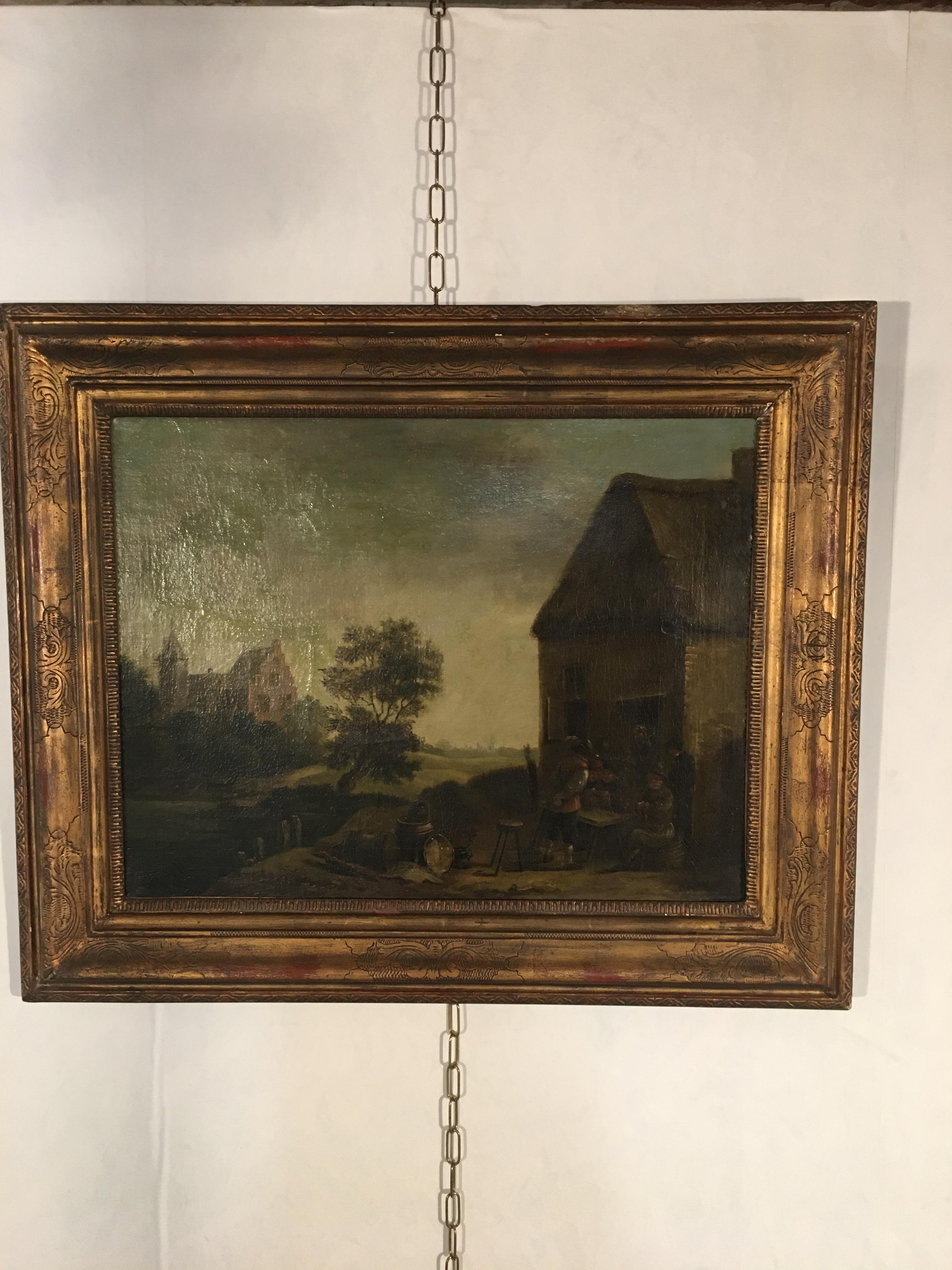Dutch painting 19th representing a cottage scene with moonlight figures.