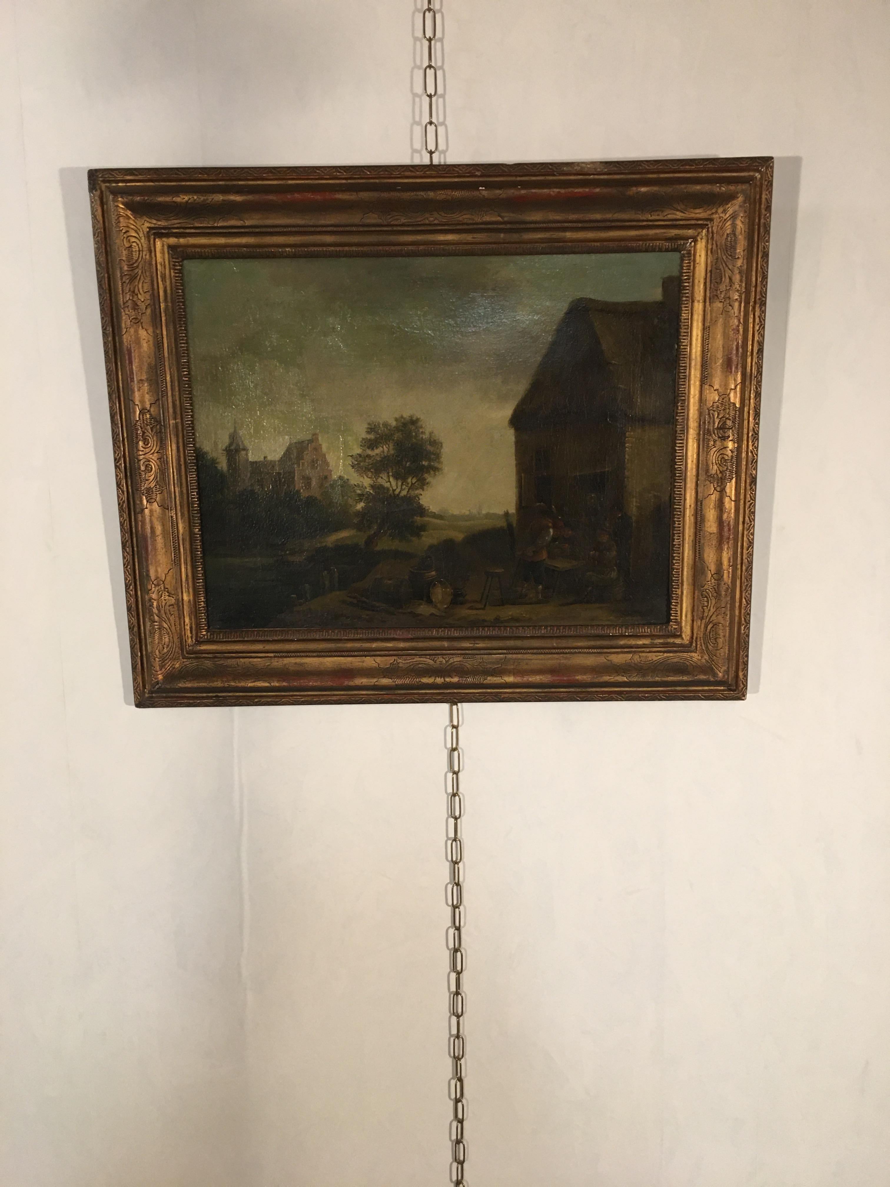 German Dutch Painting, Country Scene, 19th For Sale