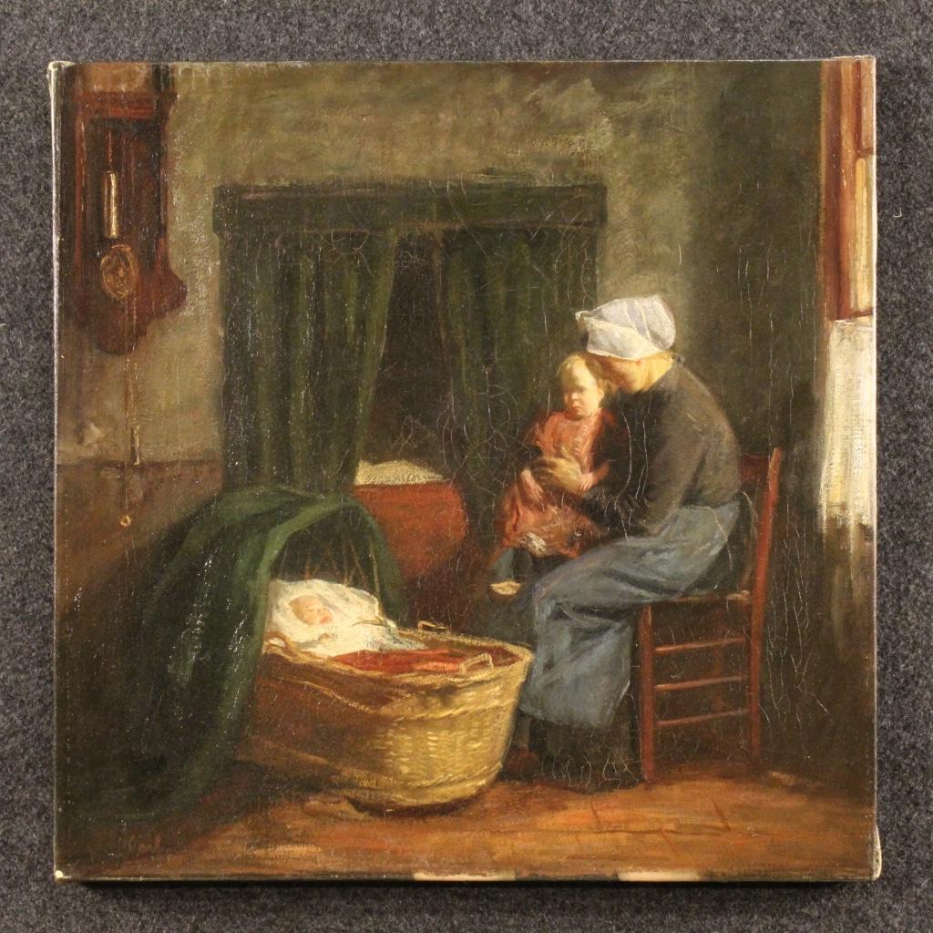 Dutch painting from the second half of the 19th century. Work oil on canvas depicting interior scene with crib and children, of excellent pictorial quality and pleasant decor. Painting in Impressionist style for lovers, antique dealers and