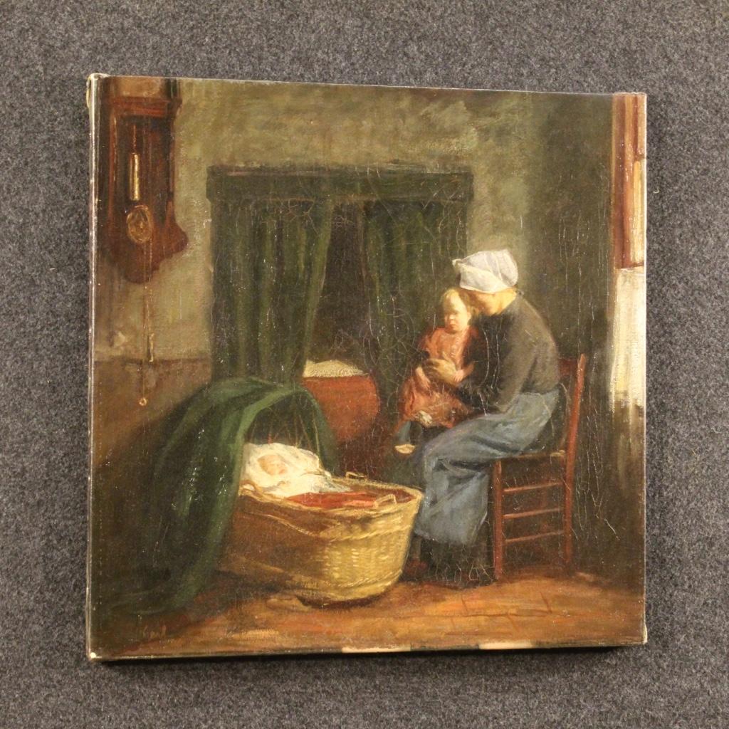 Dutch Painting Interior Scene with Children Oil on Canvas from 19th Century 5