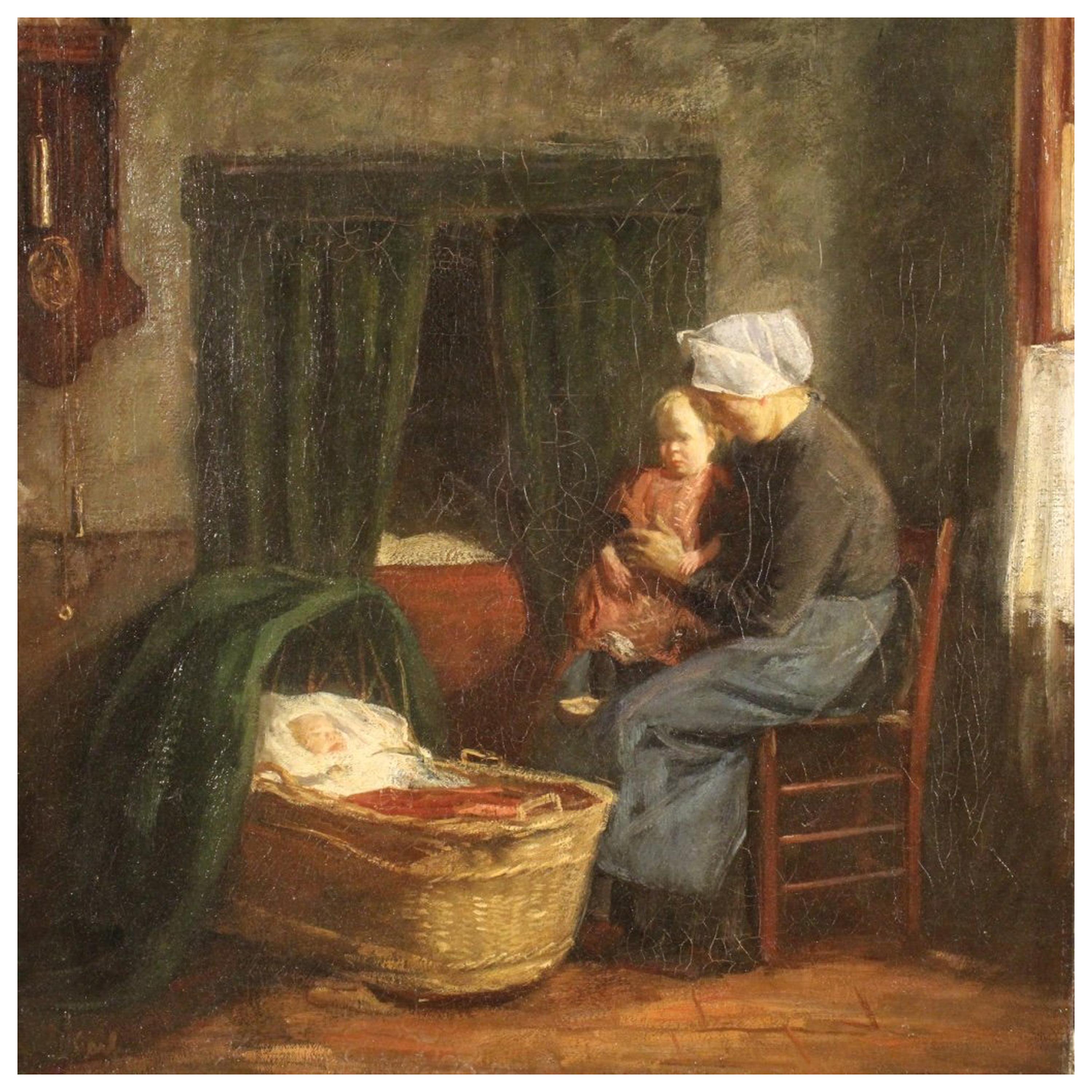 Dutch Painting Interior Scene with Children Oil on Canvas from 19th Century
