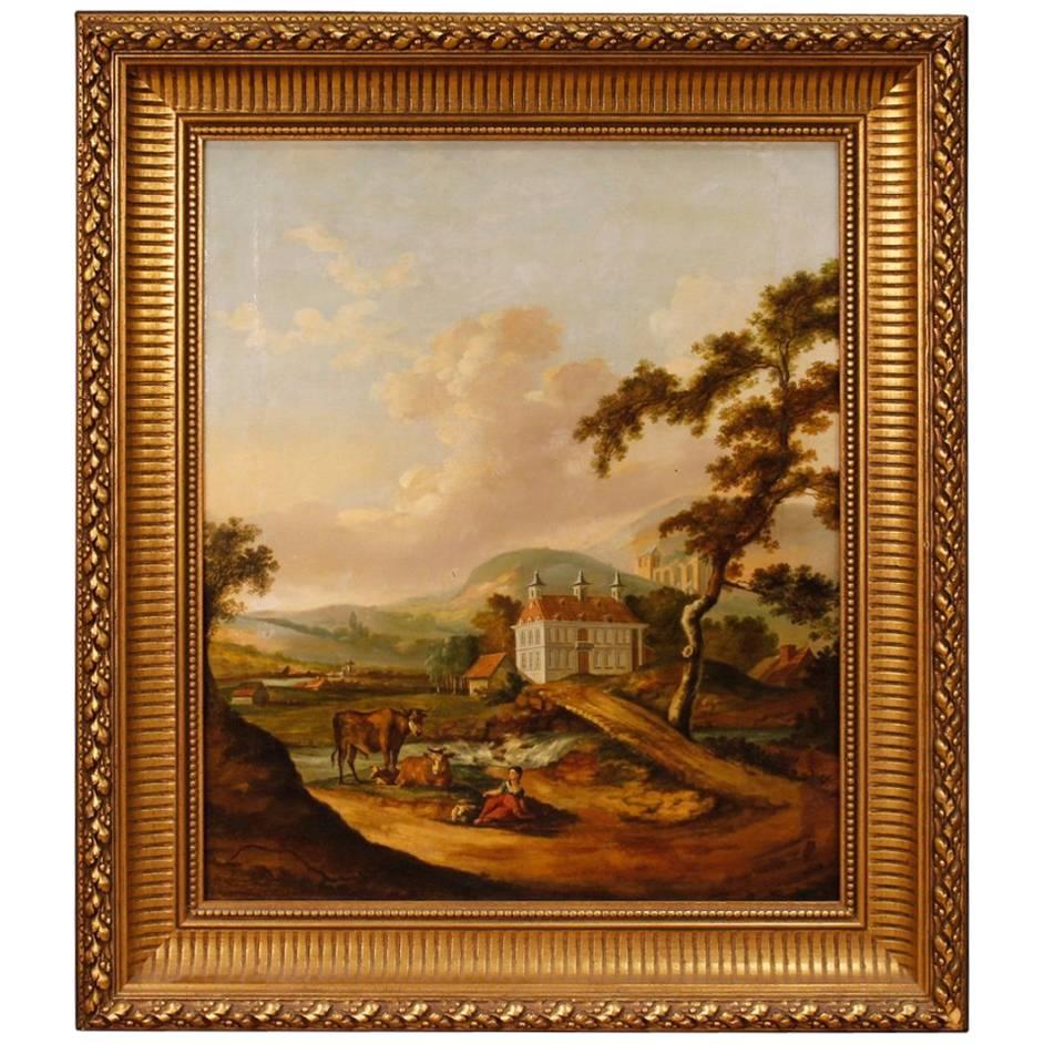 Dutch Painting Landscape with Characters and Architectures Oil on Canvas