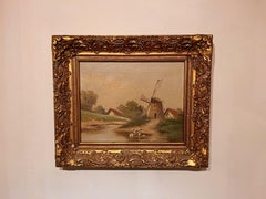 Dutch School Painting of Windmill with Group of Ducks on the Creek