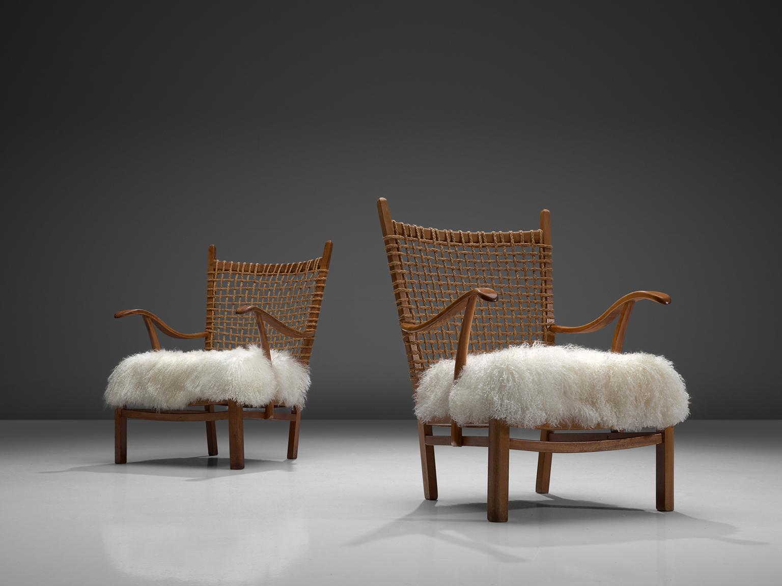 Dutch Pair of Armchairs with Rope Back and Tibetan Wool In Good Condition In Waalwijk, NL