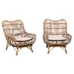 Vintage Dutch Pair of Bamboo & Rattan Lounge Chairs