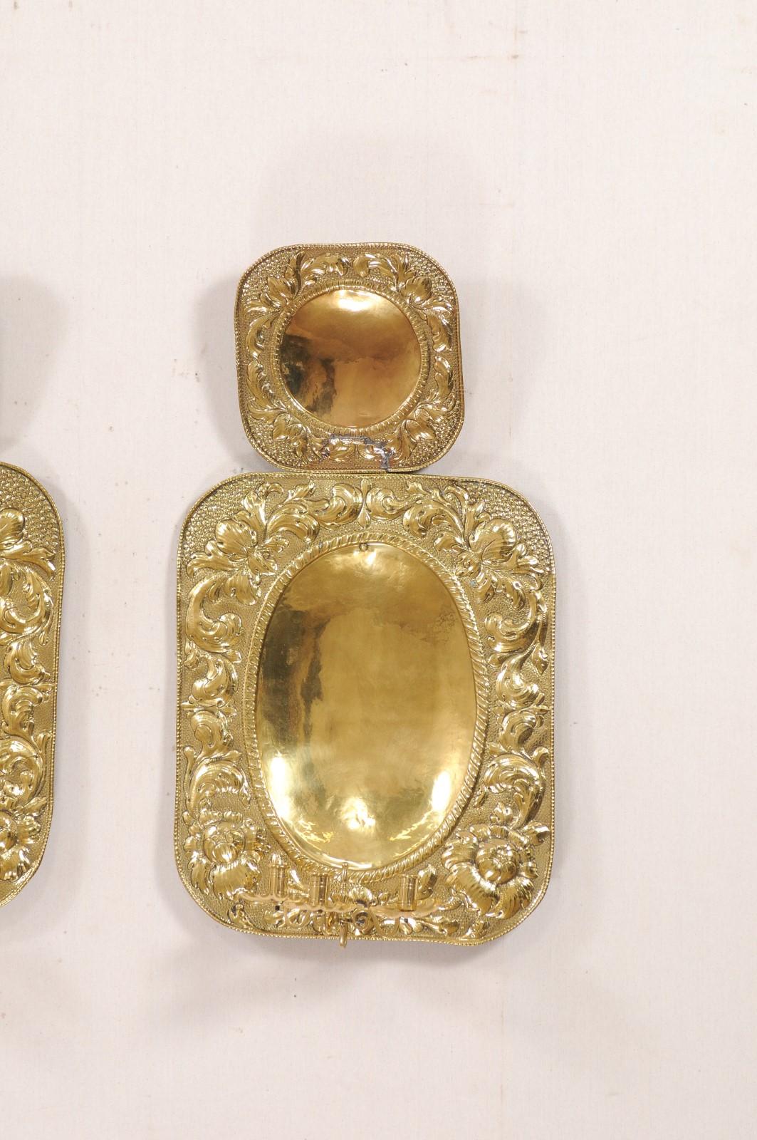 18th Century Dutch Pair of Brass Three-Candle Wall Sconces, Turn of the 18th & 19th C. For Sale