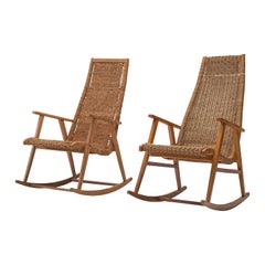 Retro Dutch Pair of Rocking Chairs in Cane, 1950s