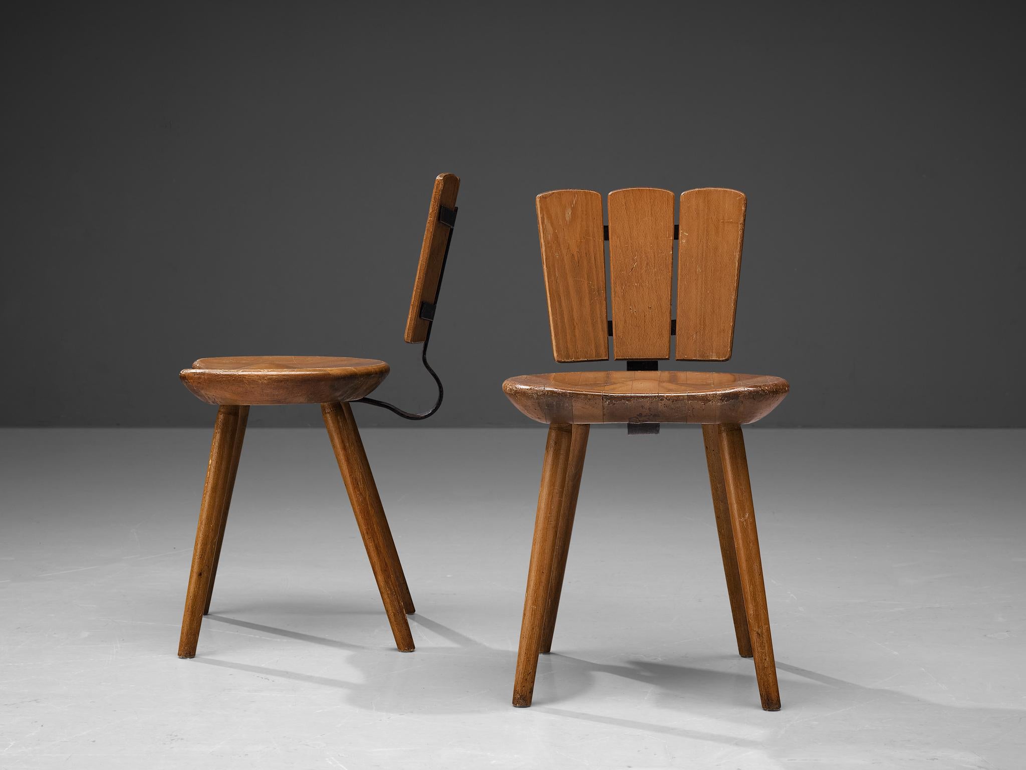 Mid-Century Modern Dutch Pair of Rustic Dining Chairs in Stained Wood and Cast Iron  For Sale