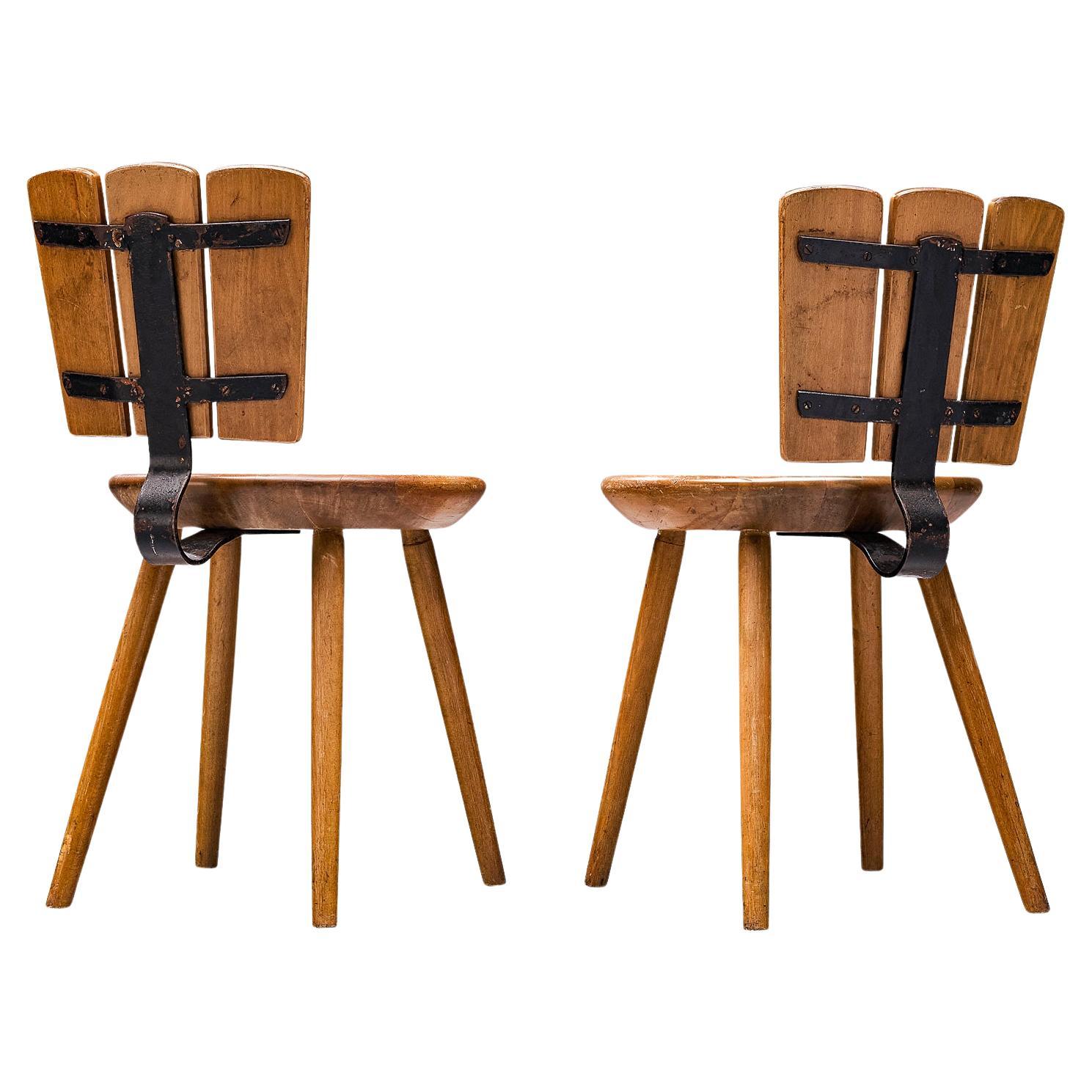 Dutch Pair of Rustic Dining Chairs in Stained Wood and Cast Iron 