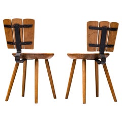 Retro Dutch Pair of Rustic Dining Chairs in Stained Wood and Cast Iron 