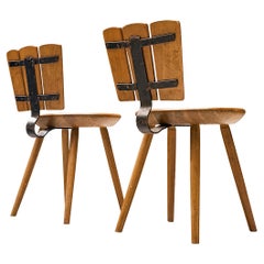 Dutch Pair of Rustic Dining Chairs in Stained Wood and Cast Iron