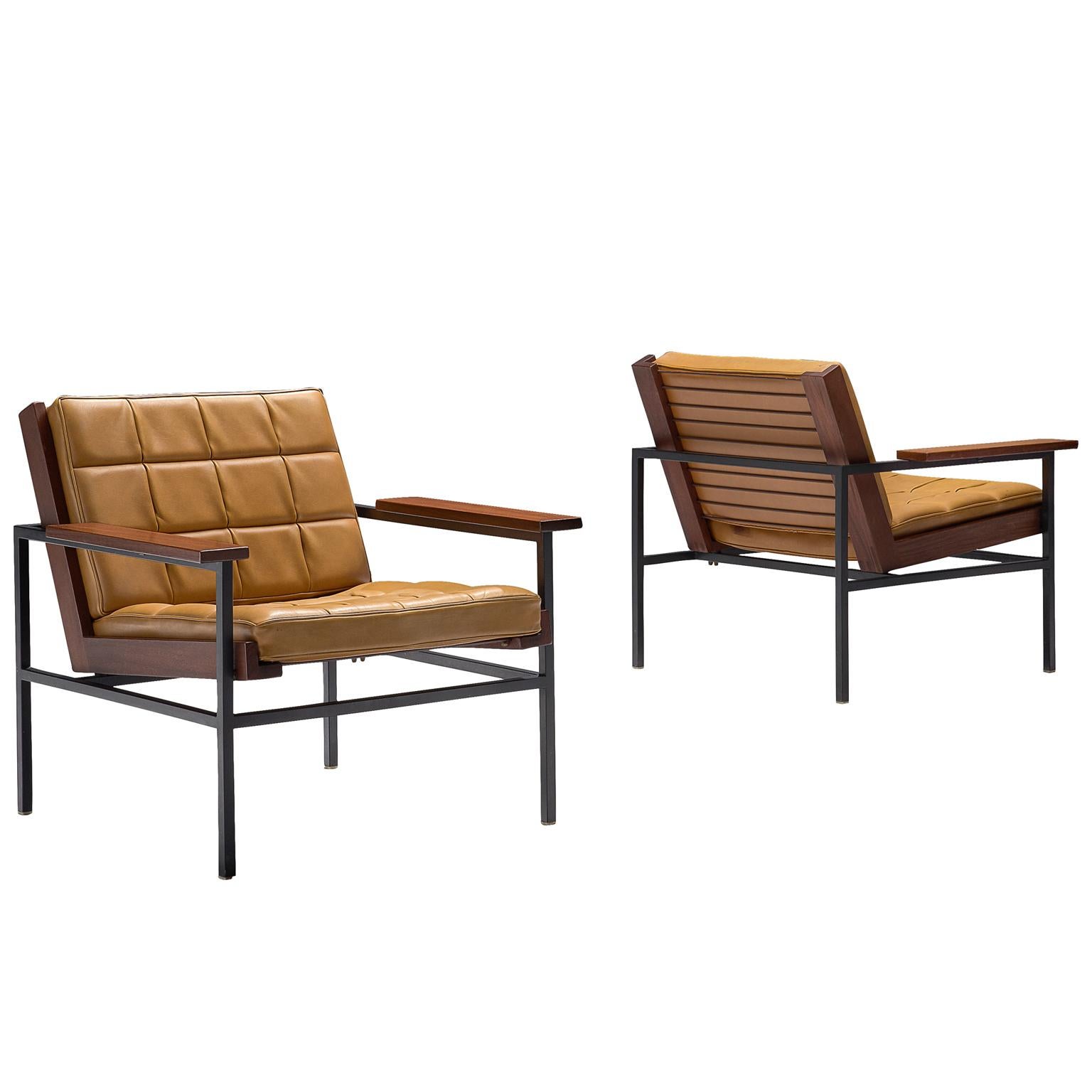 Dutch Pair of Yellow Lounge Chairs with Steel Frame